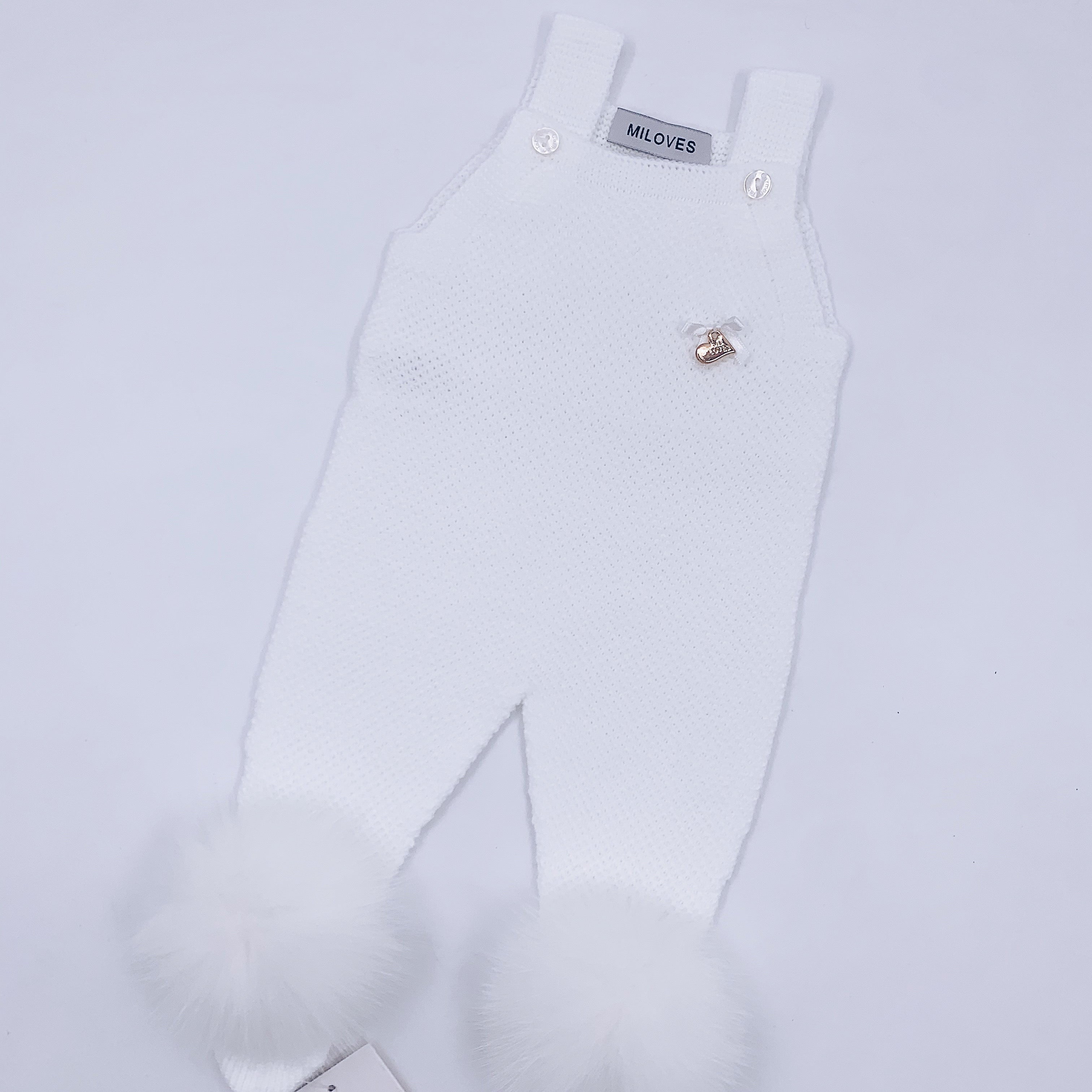MI LOVES SIGNATURE Luxurious knitted Dungarees with fox fur pompoms(ALL COLOURS)