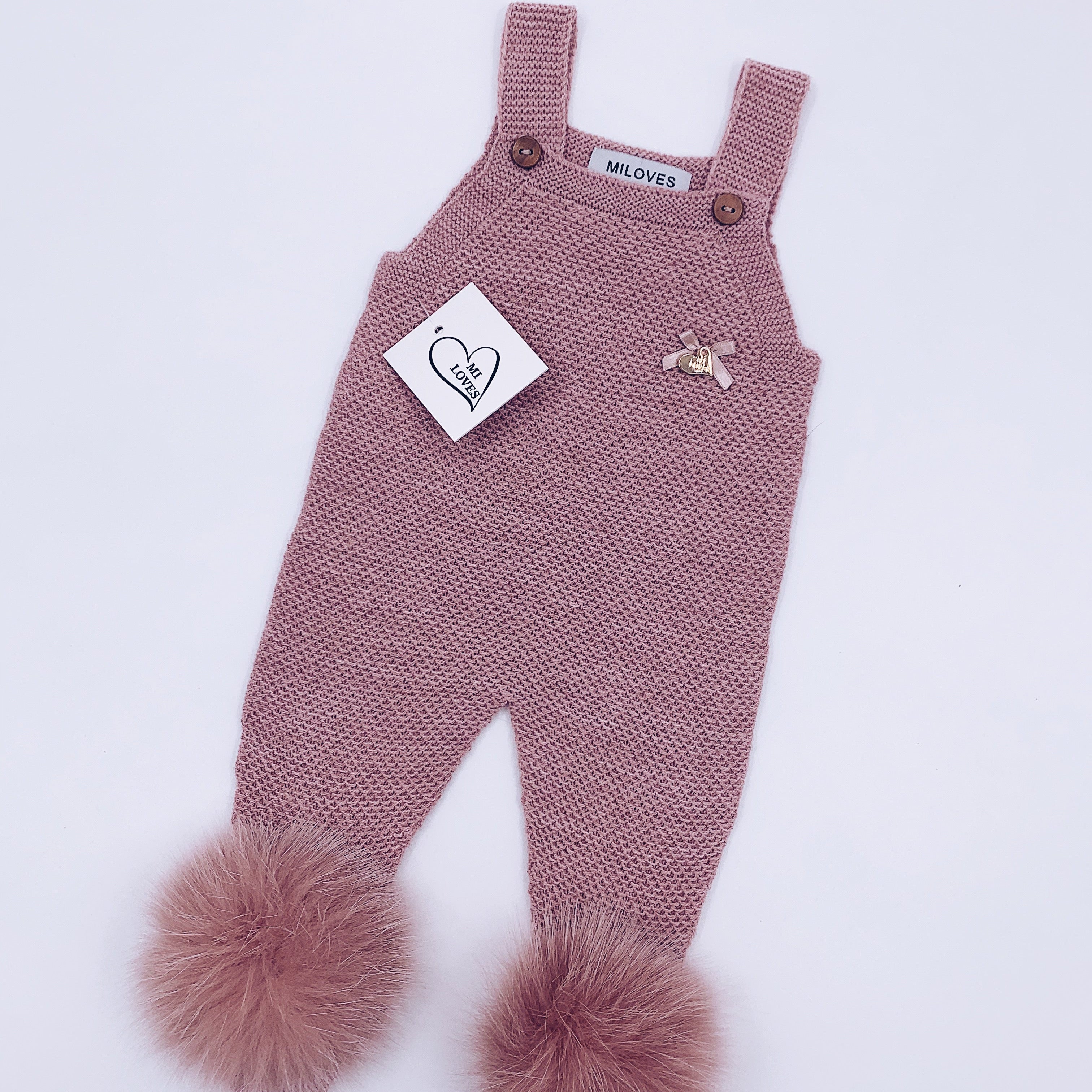 MI LOVES SIGNATURE Luxurious knitted Dungarees with fox fur pompoms(ALL COLOURS)