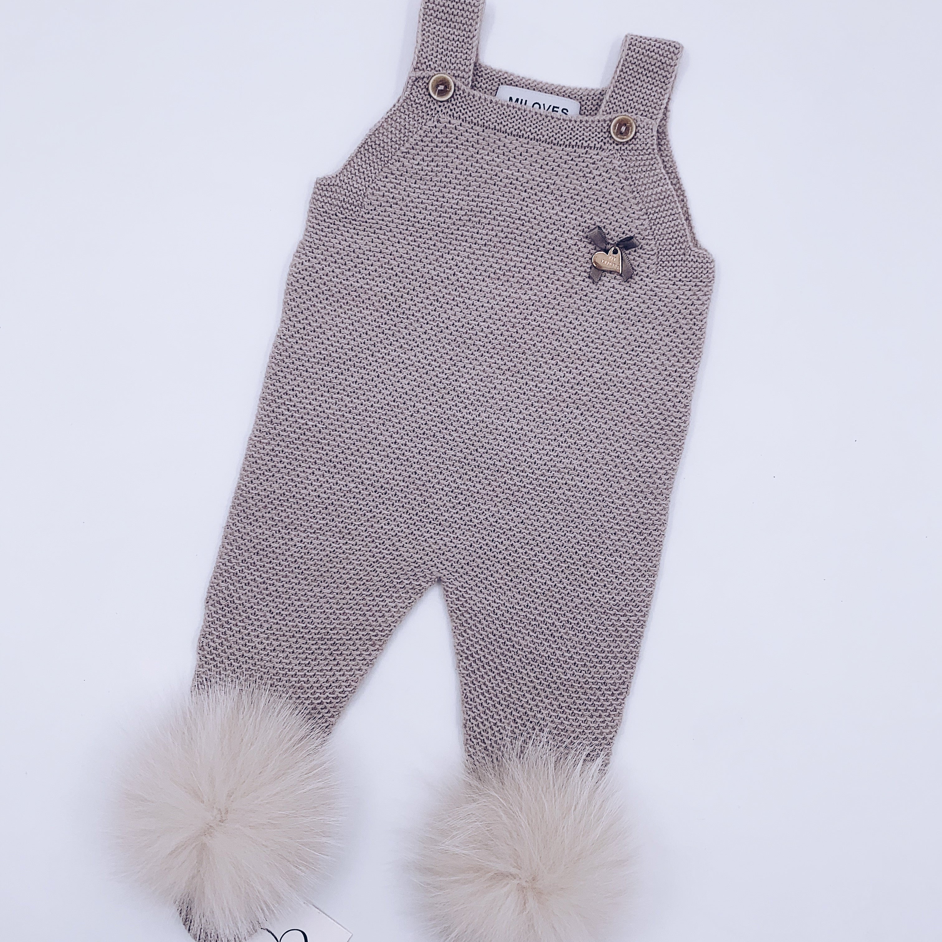 MI LOVES SIGNATURE Luxurious knitted Dungarees with fox fur pompoms(ALL COLOURS)