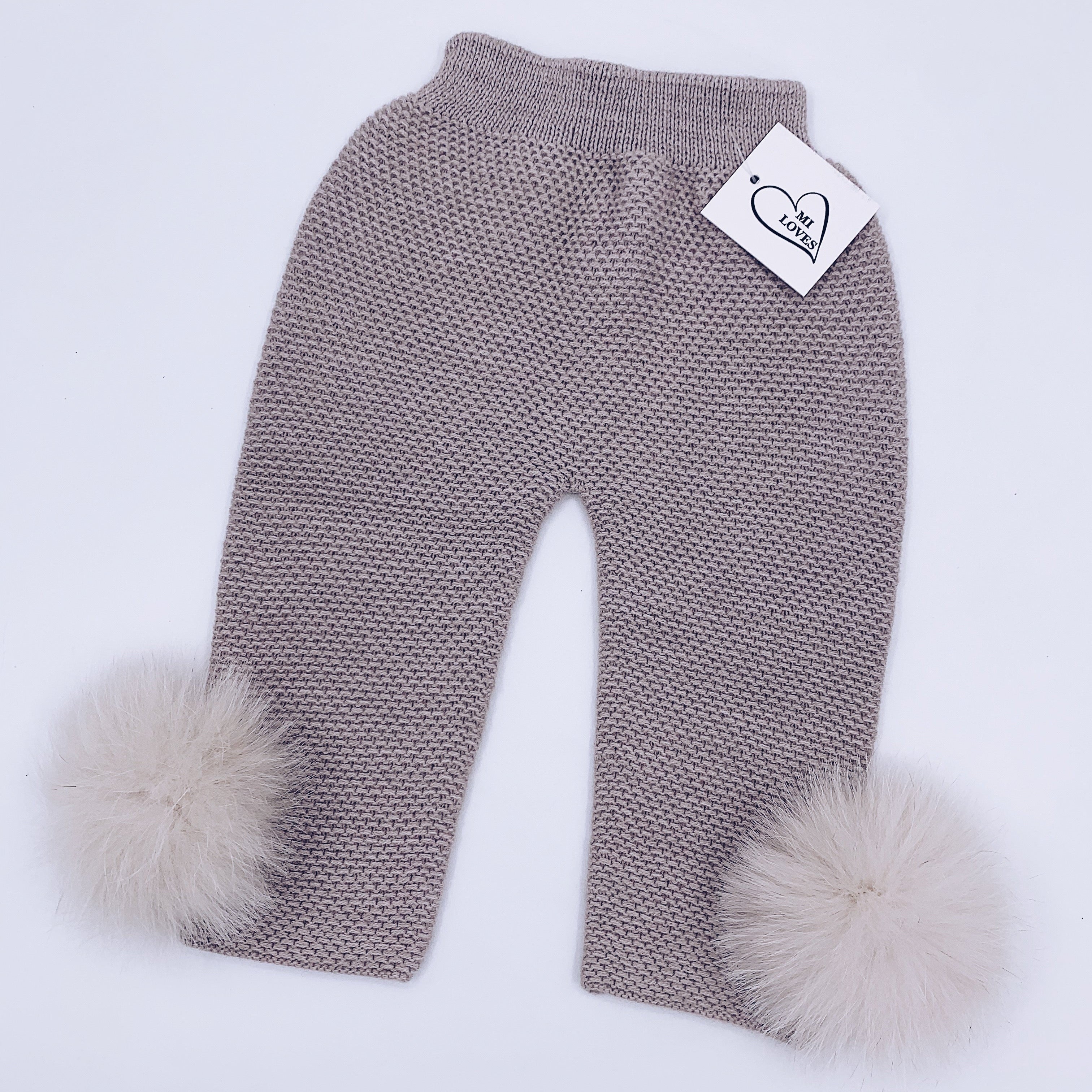 MI LOVES SIGNATURE Luxurious knitted Trousers with fox fur pompoms(ALL COLOURS )
