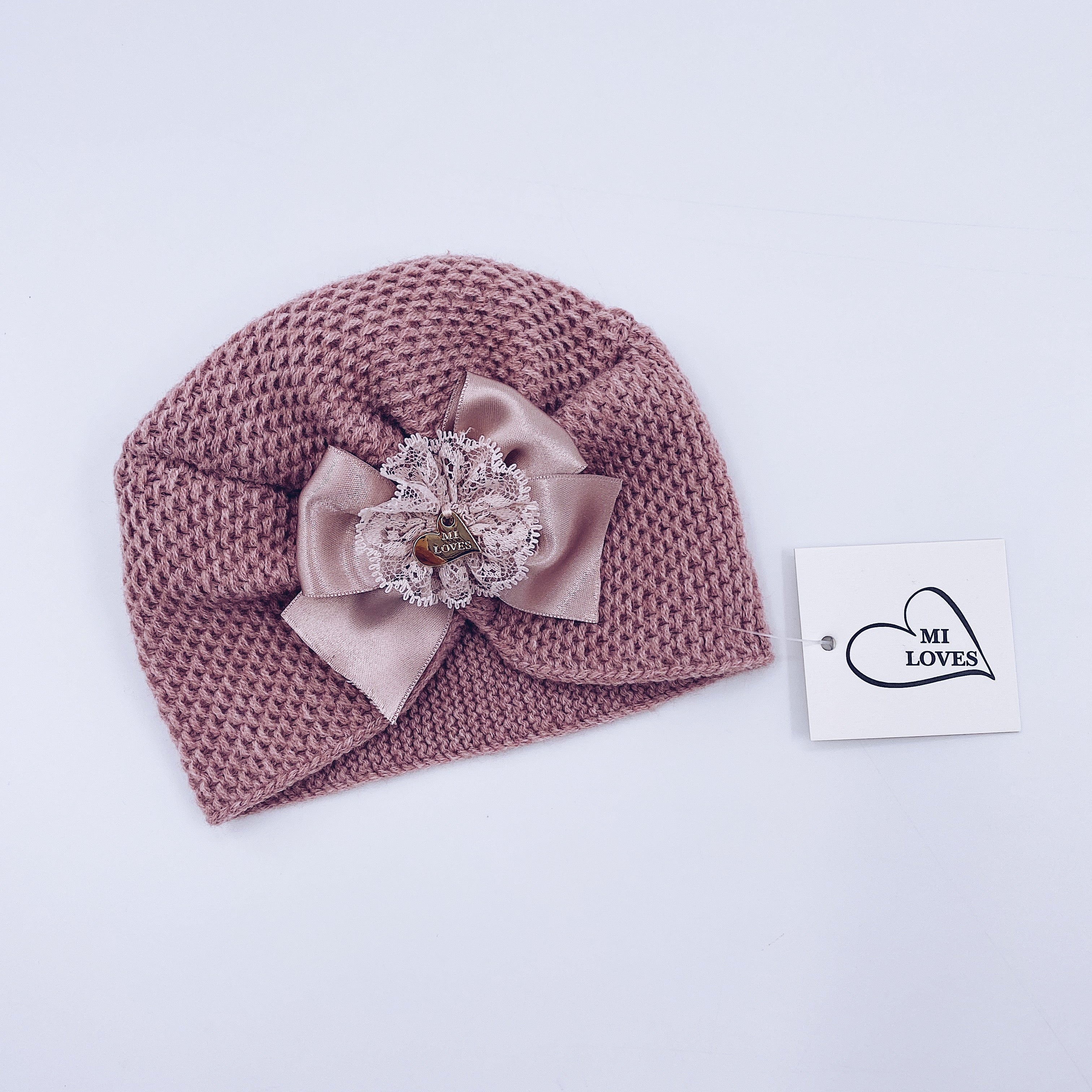 MI LOVEE SIGNATURE Luxurious knitted Turban hat with lace detail.
