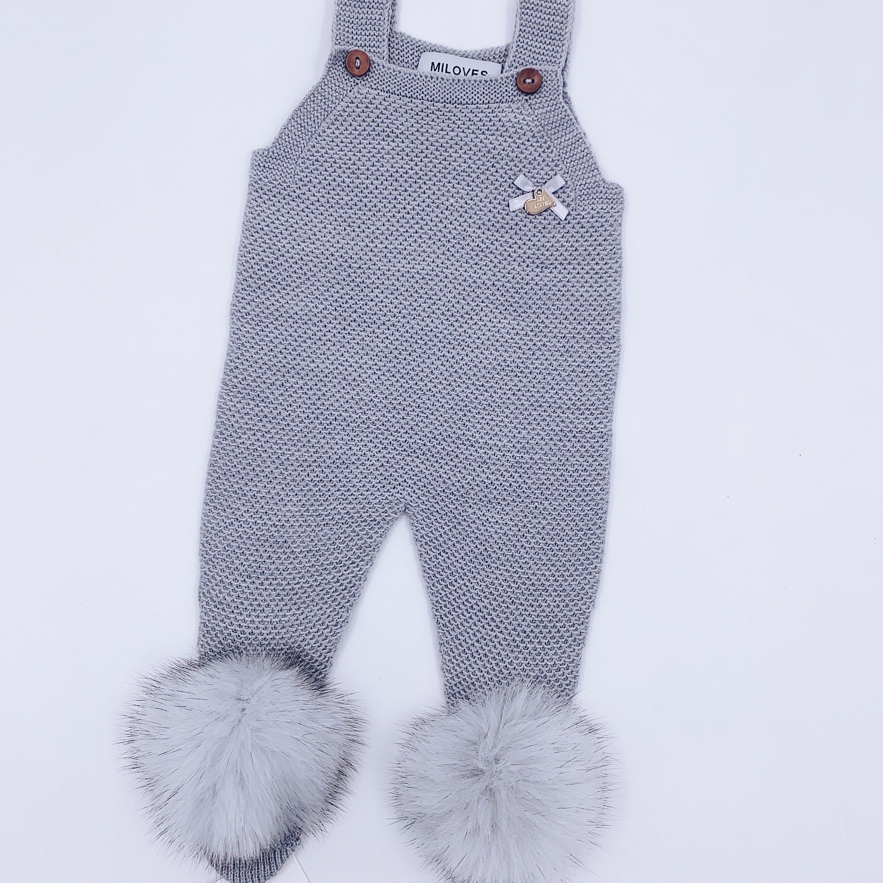 MI LOVES SIGNATURE Luxurious knitted Dungarees with fox fur pompoms(ALL COLOURS)