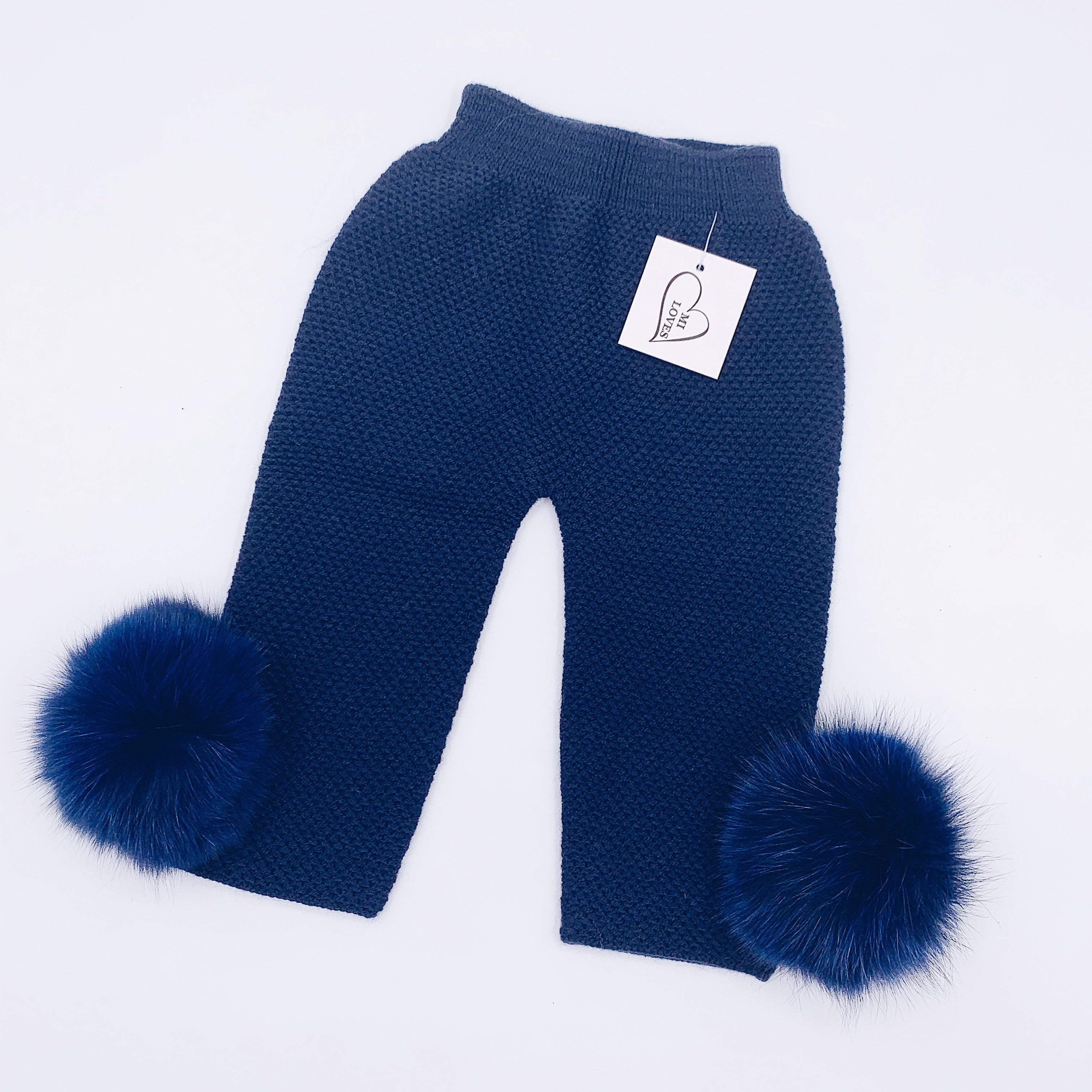 MI LOVES SIGNATURE Luxurious knitted Trousers with fox fur pompoms(ALL COLOURS )
