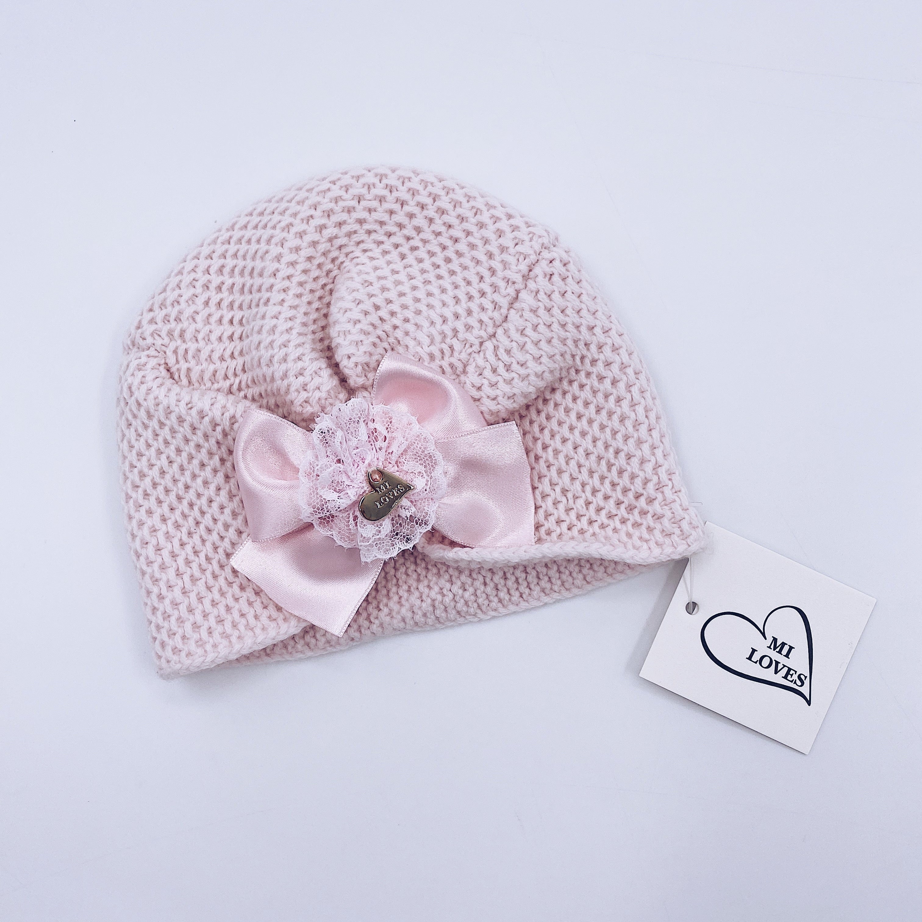 MI LOVEE SIGNATURE Luxurious knitted Turban hat with lace detail.