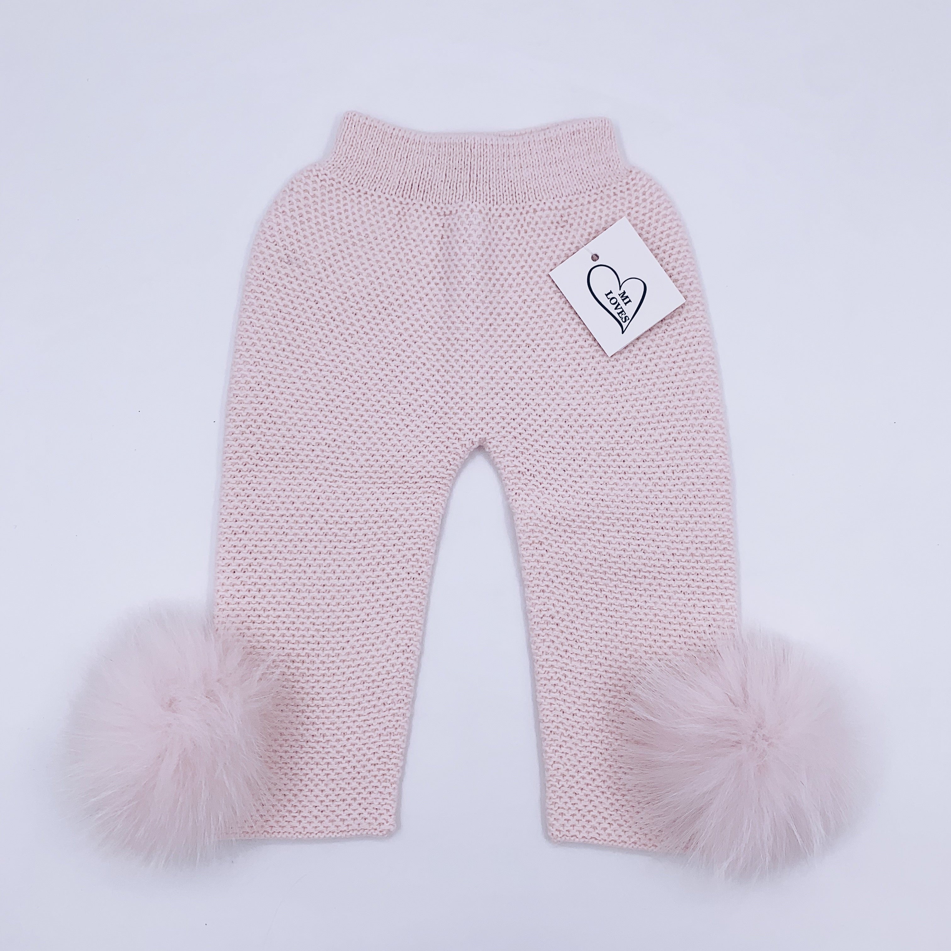 MI LOVES SIGNATURE Luxurious knitted Trousers with fox fur pompoms(ALL COLOURS )