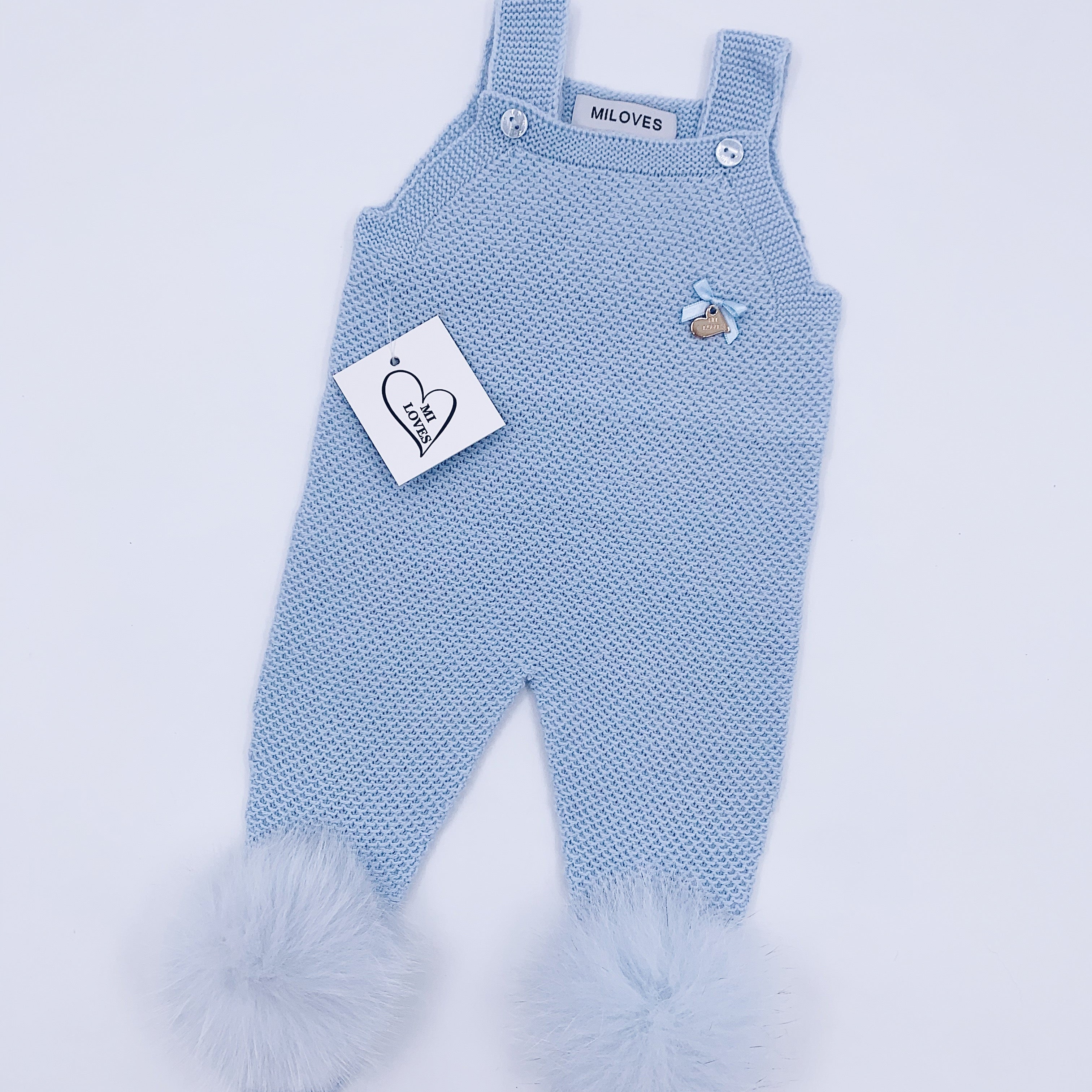 MI LOVES SIGNATURE Luxurious knitted Dungarees with fox fur pompoms(ALL COLOURS)