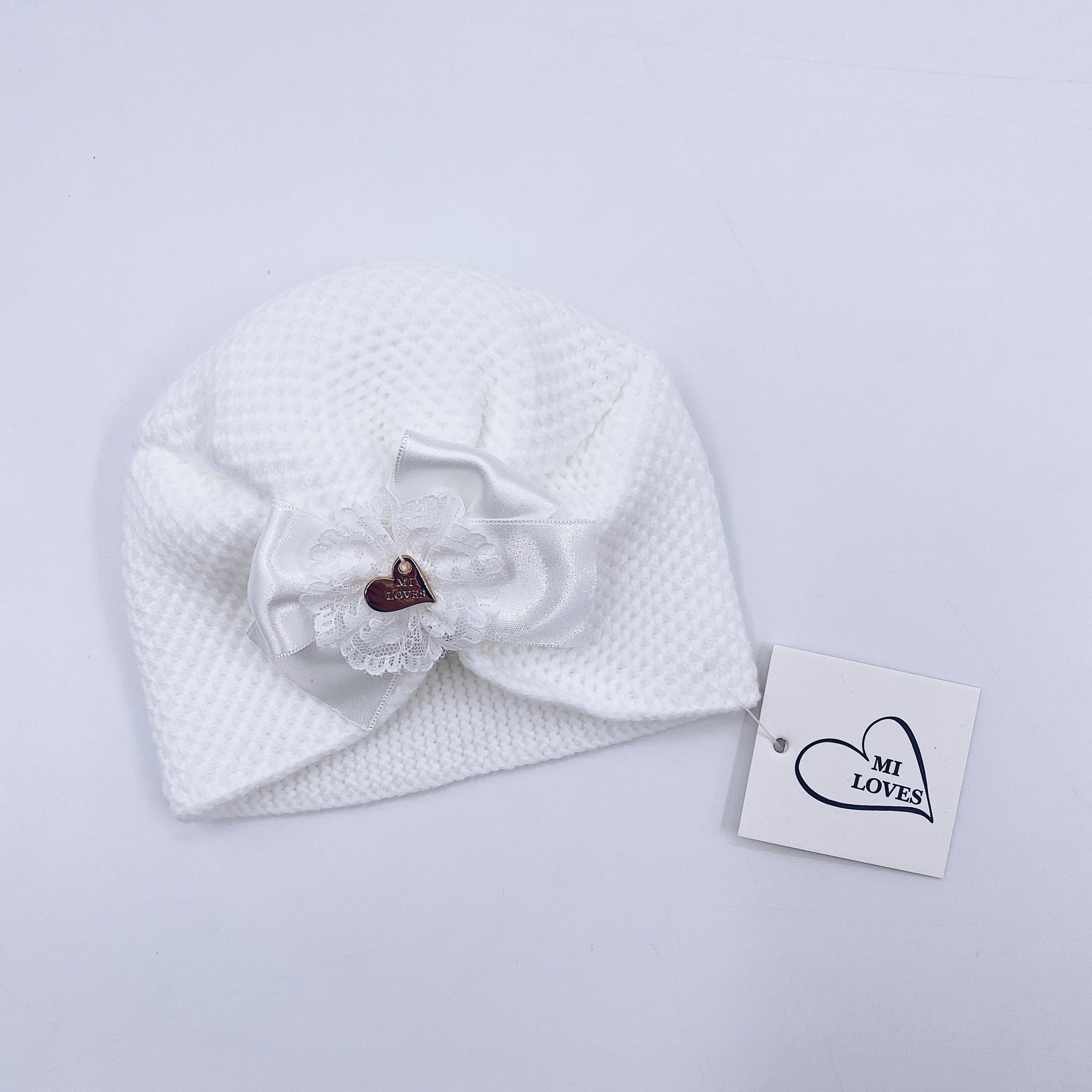 MI LOVEE SIGNATURE Luxurious knitted Turban hat with lace detail.