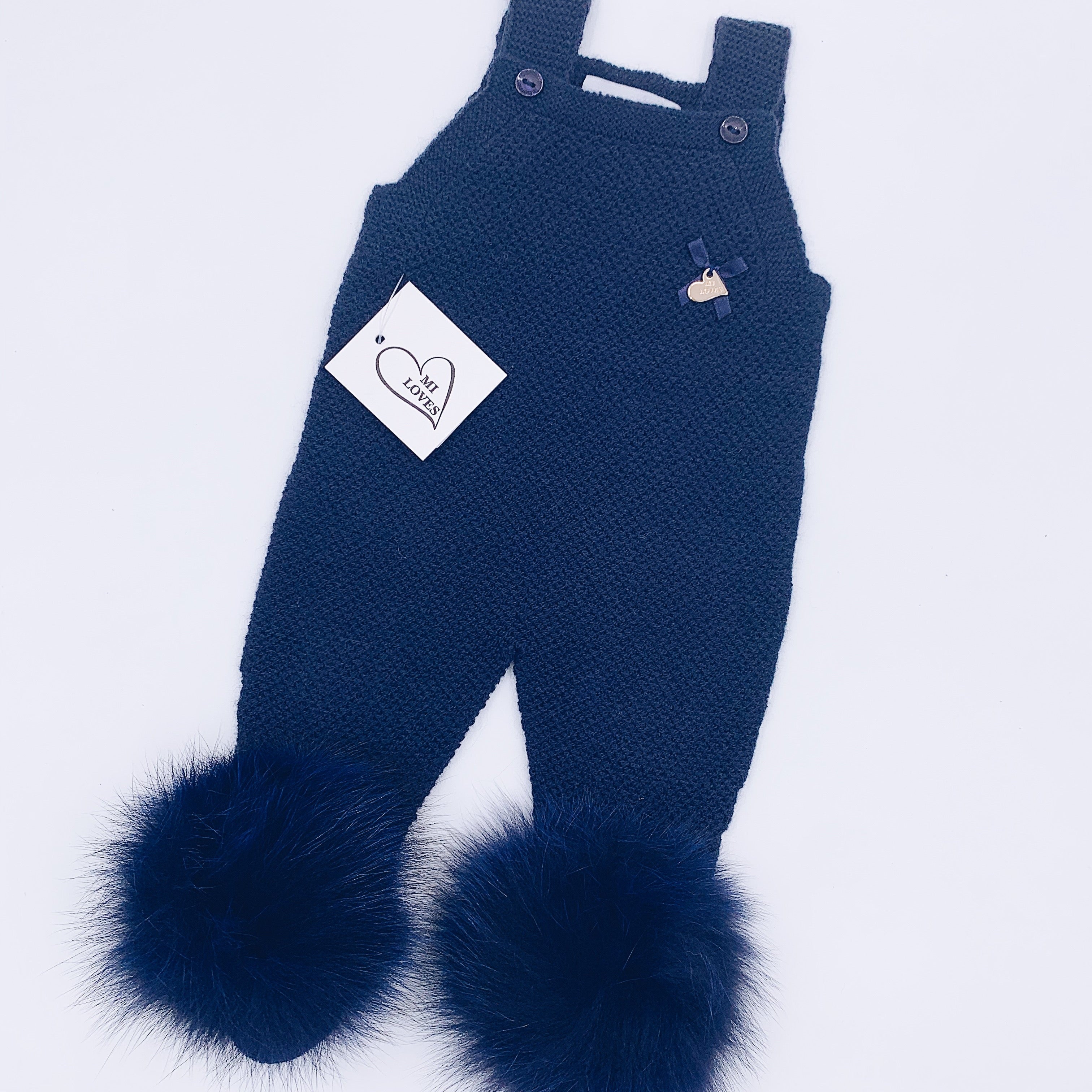MI LOVES SIGNATURE Luxurious knitted Dungarees with fox fur pompoms(ALL COLOURS)