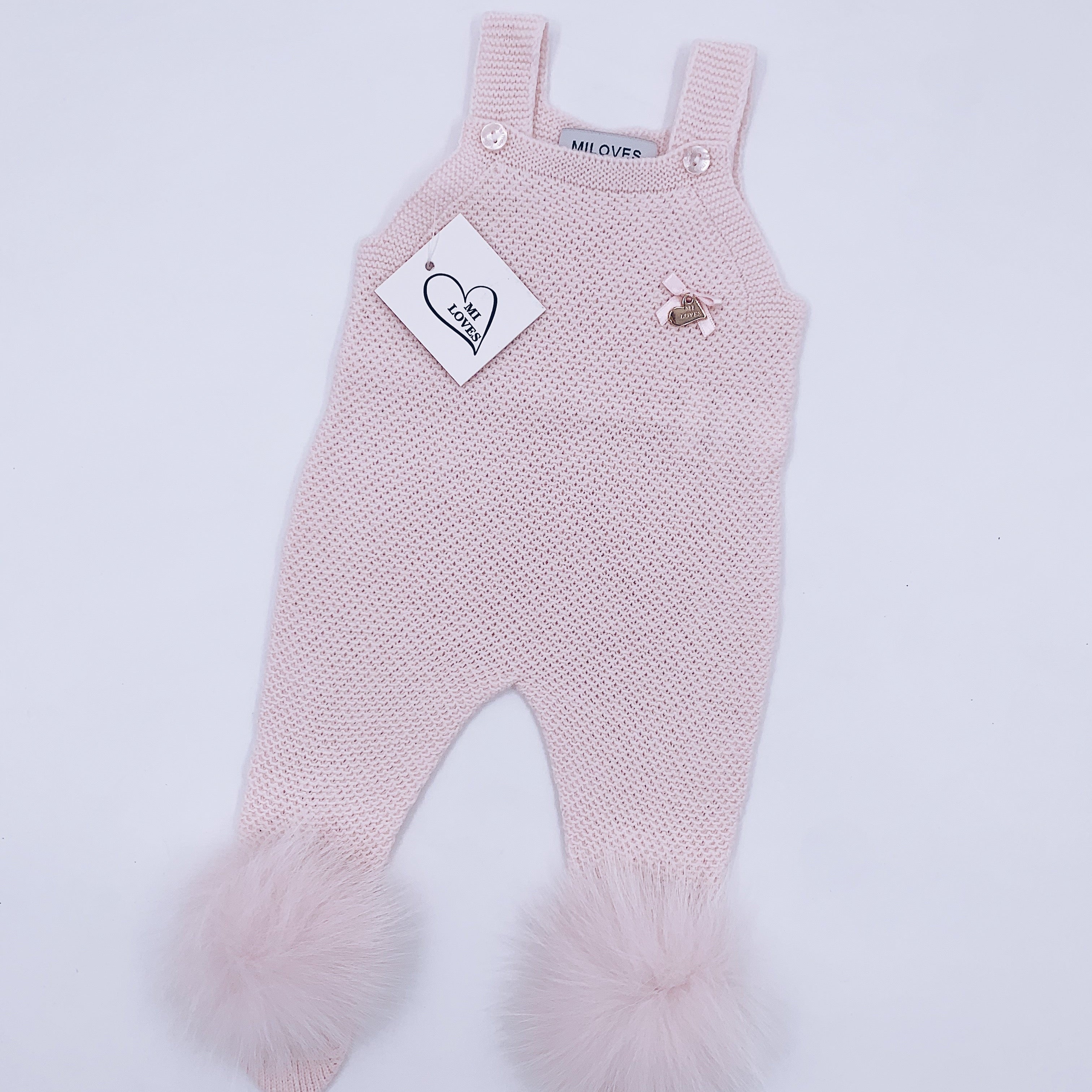 MI LOVES SIGNATURE Luxurious knitted Dungarees with fox fur pompoms(ALL COLOURS)