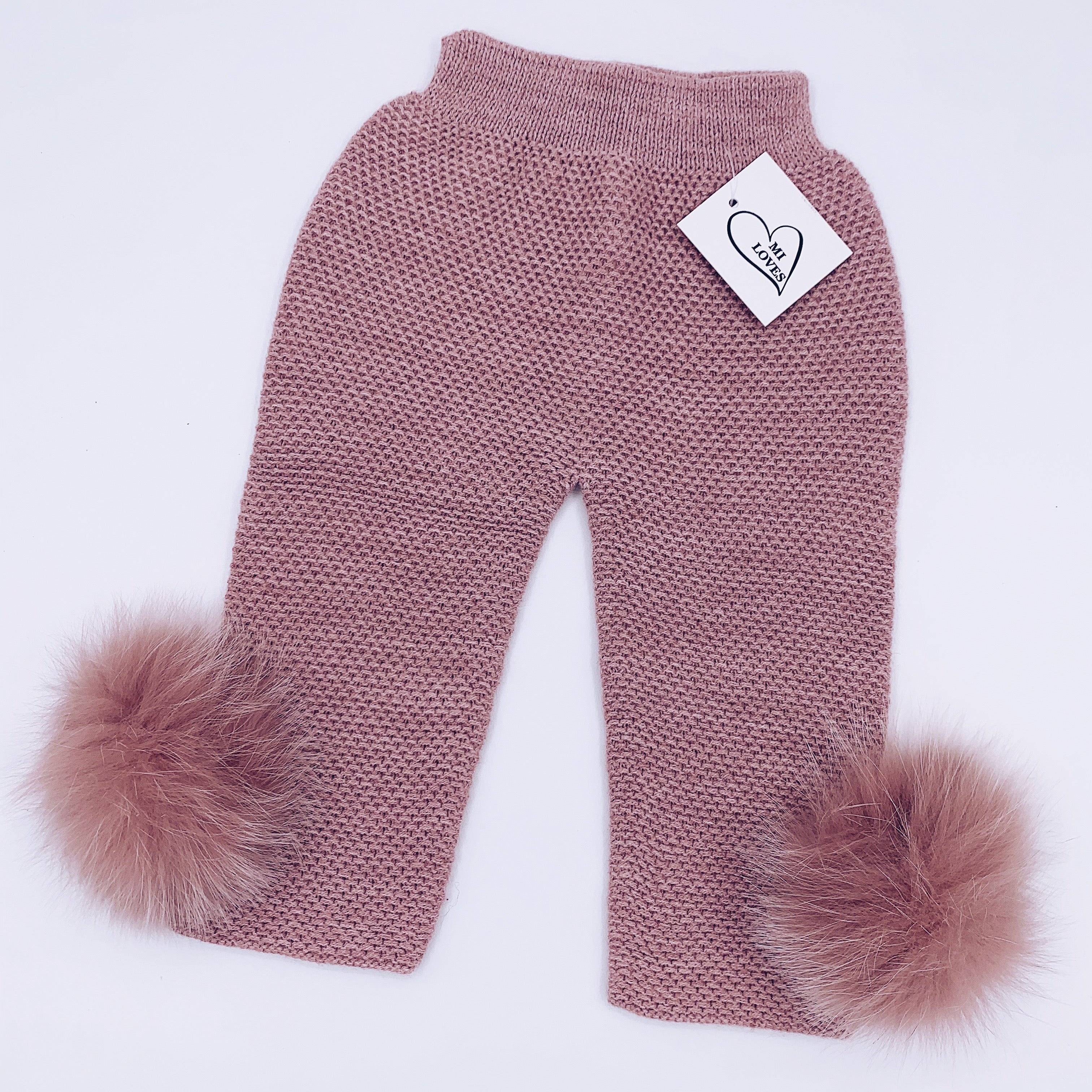 MI LOVES SIGNATURE Luxurious knitted Trousers with fox fur pompoms(ALL COLOURS )