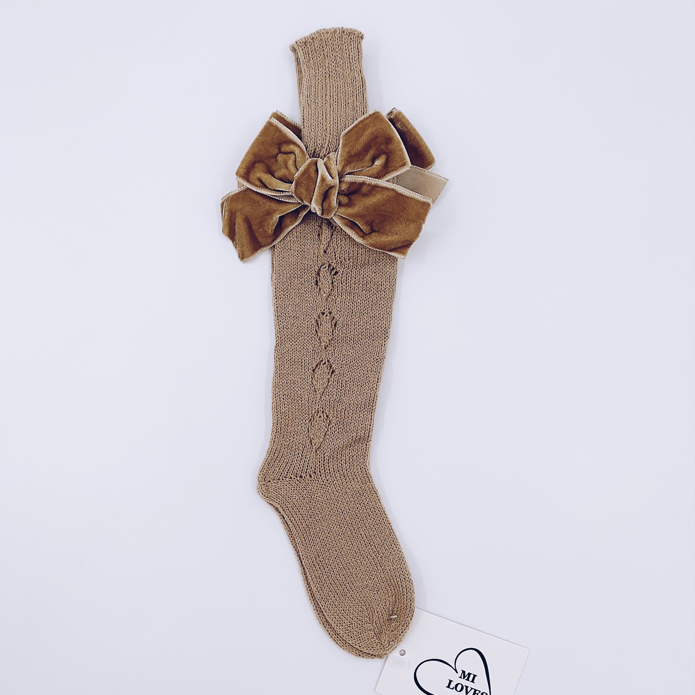 MI LOVES SIGNATURE KNITTED HIGH KNEE SOCKS WITH VELVET BOWS