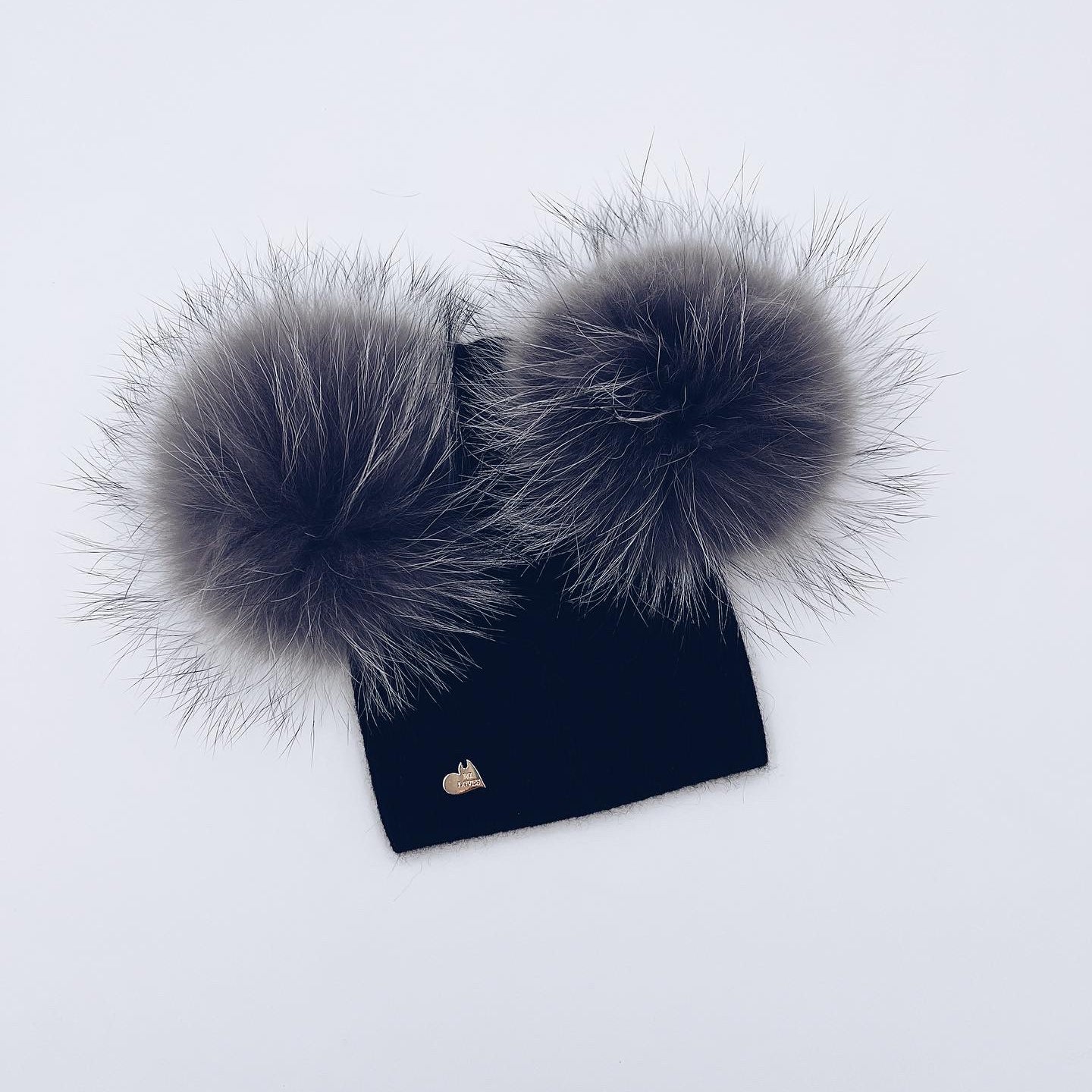 MI LOVES Signature Adults Angora Double pompom hat will silver pompoms