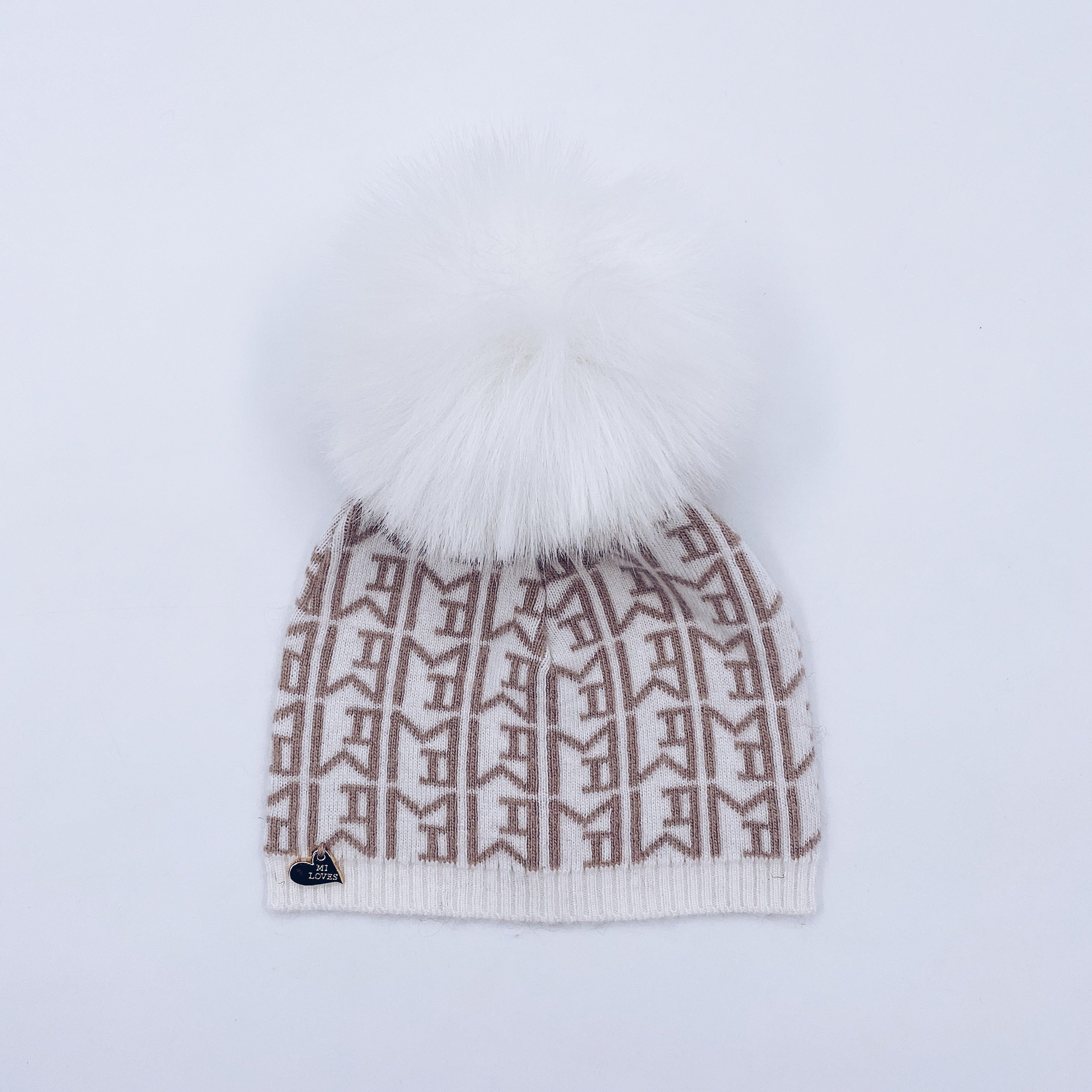 MILOVES SIGNATURE MONOGRAM Baby hat with Synthetic fur pompom