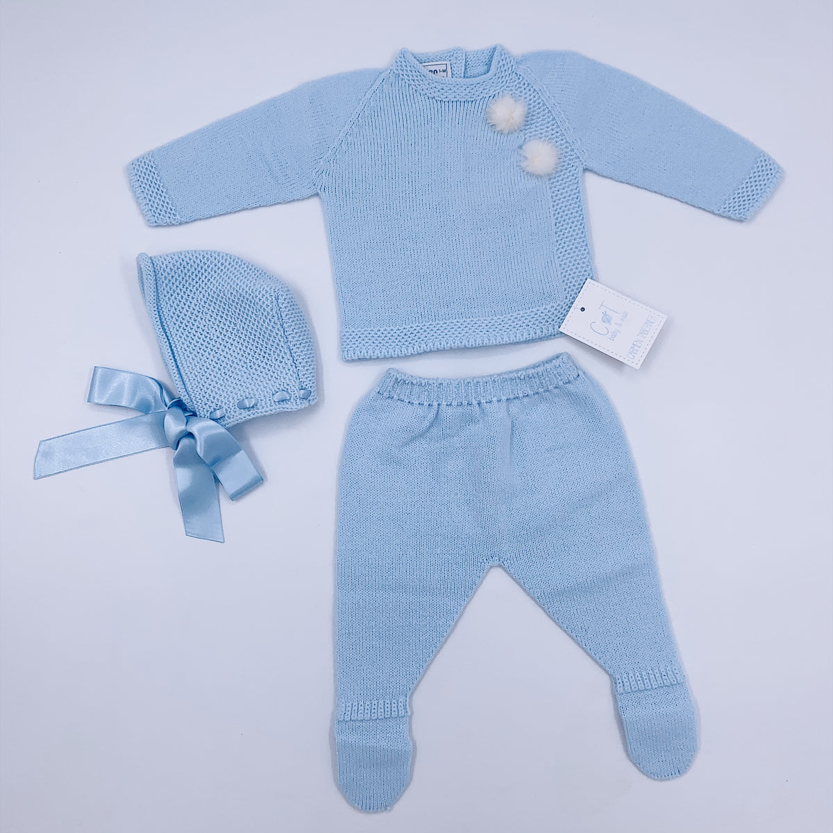 Beautiful Carmen Taberner baby knitted 3 piece set with pom-poms