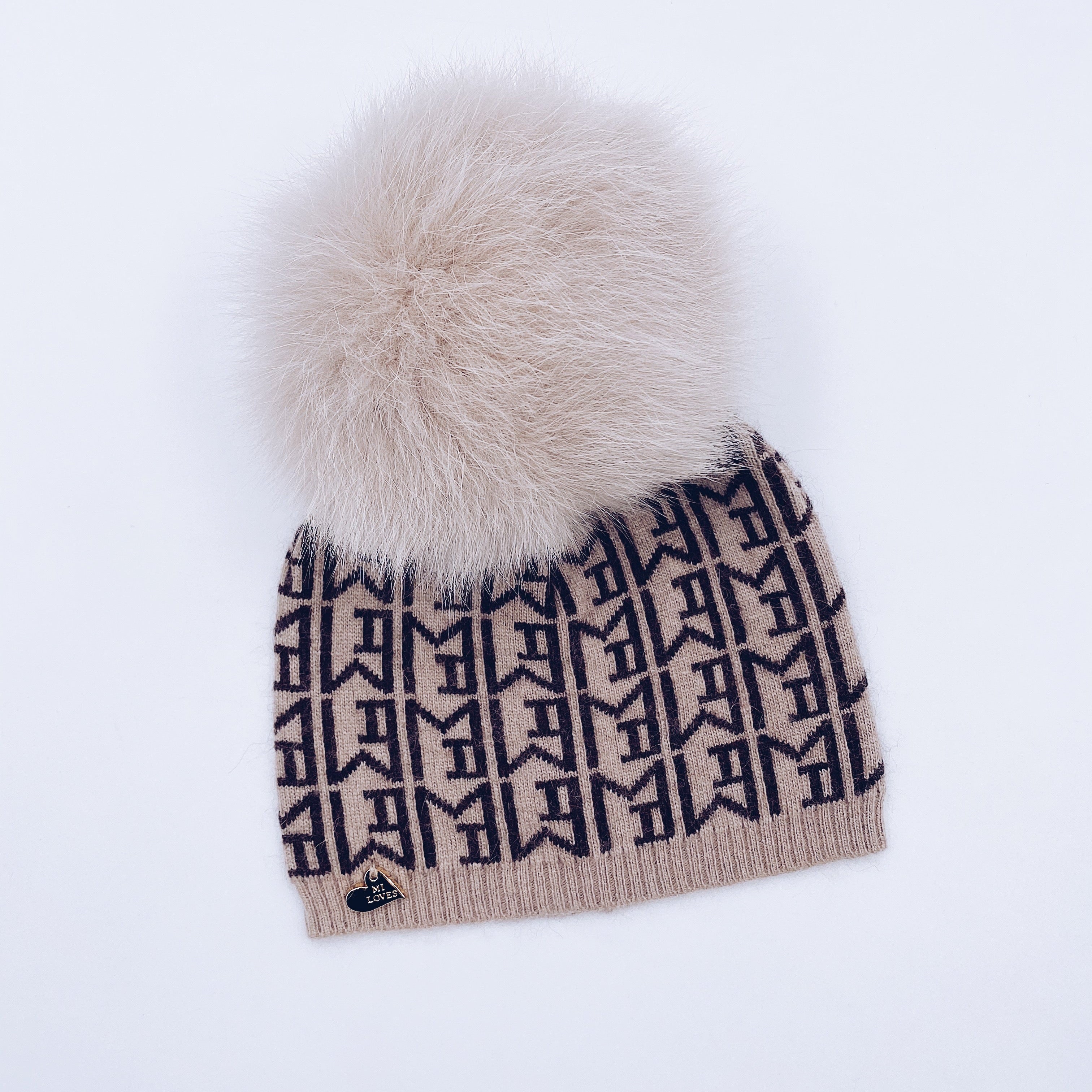 MI LOVES SIGNATURE MONOGRAM Baby hat with Fox fur pompom