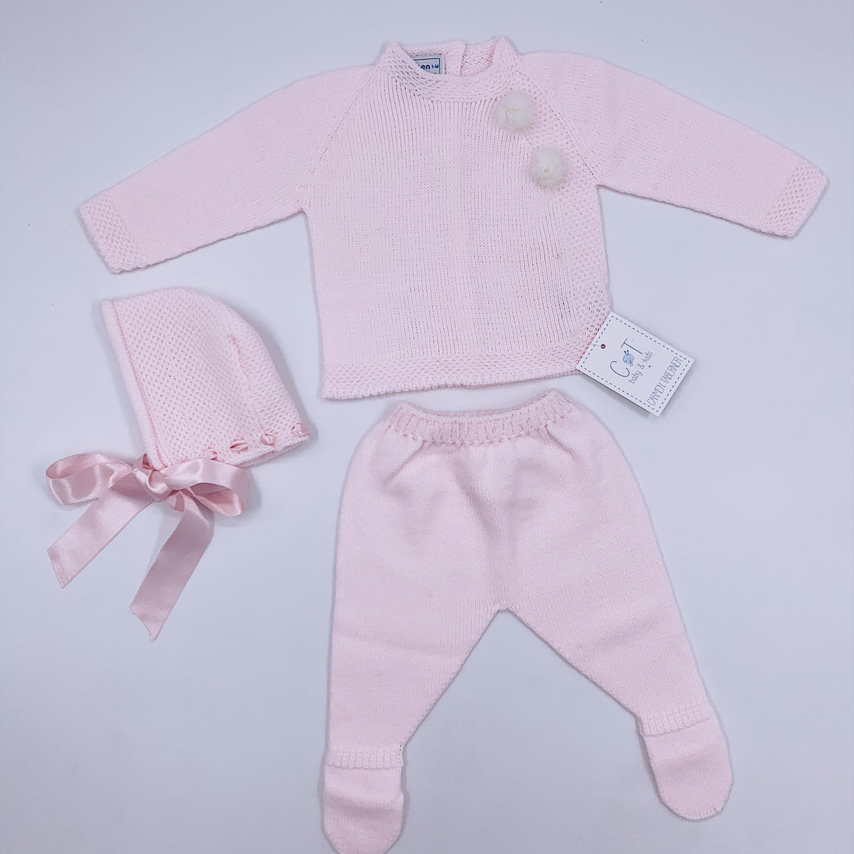 Beautiful Carmen Taberner baby knitted 3 piece set with pom-poms