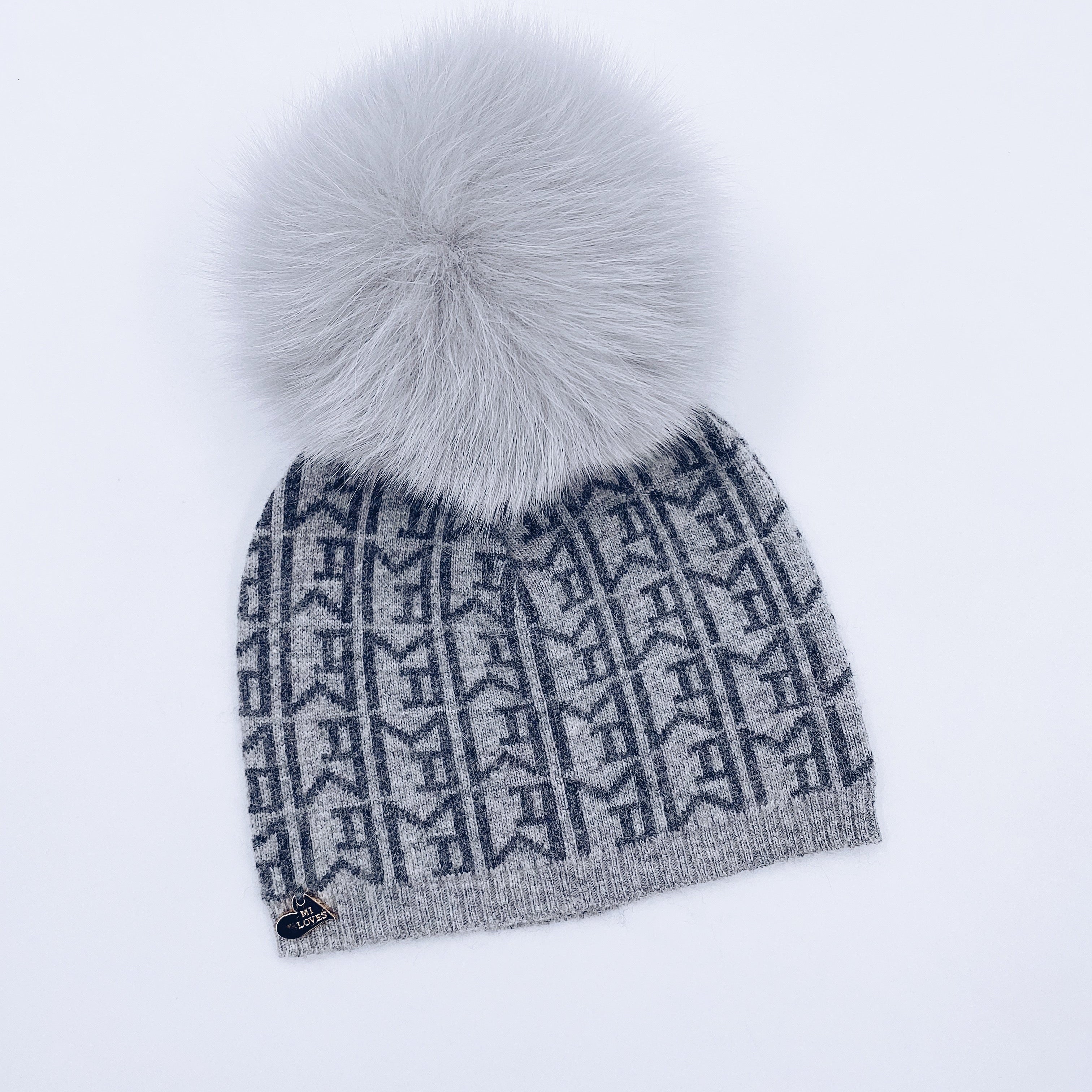 MI LOVES SIGNATURE MONOGRAM Baby hat with Fox fur pompom