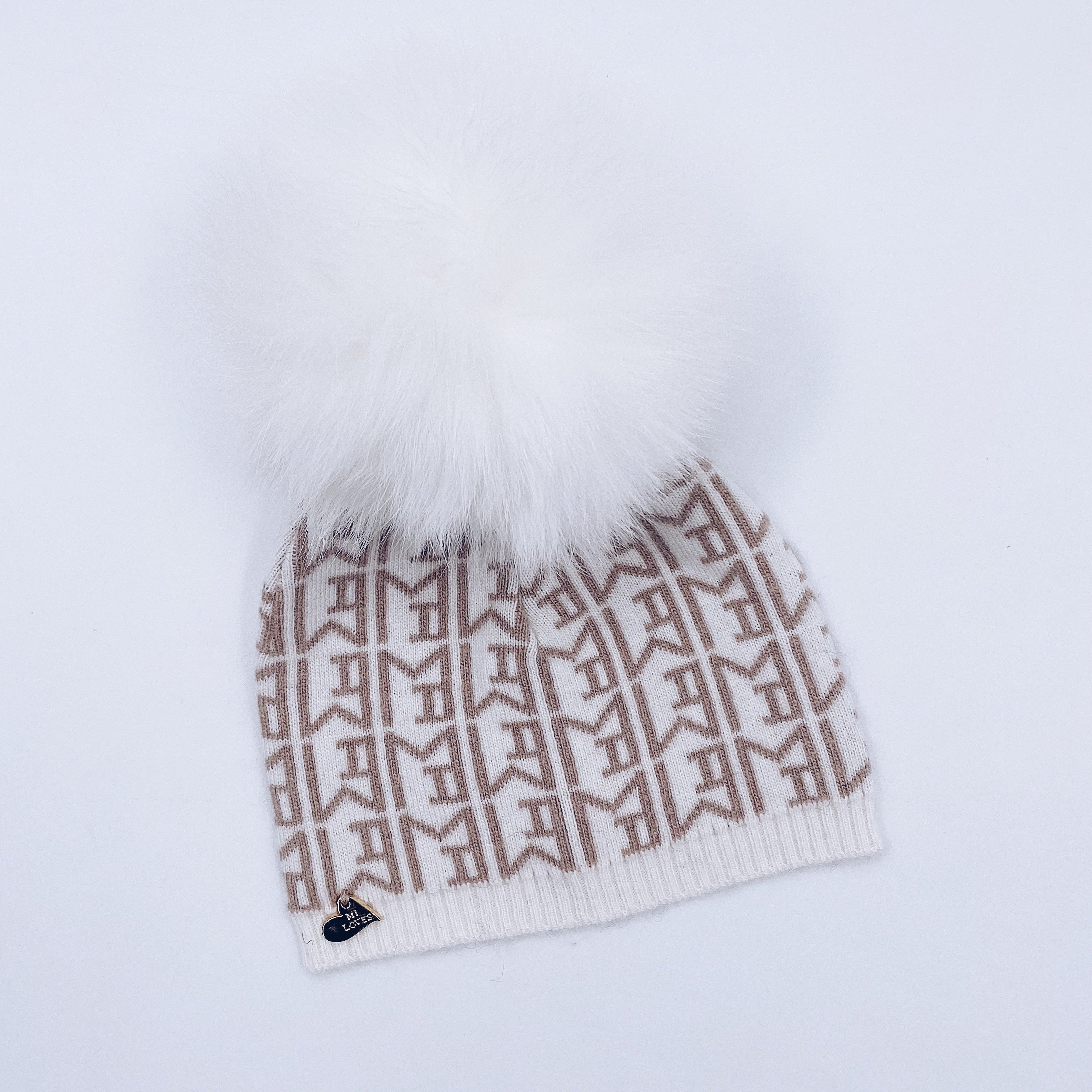 MI LOVES SIGNATURE MONOGRAM Baby hat with Fox fur pompom