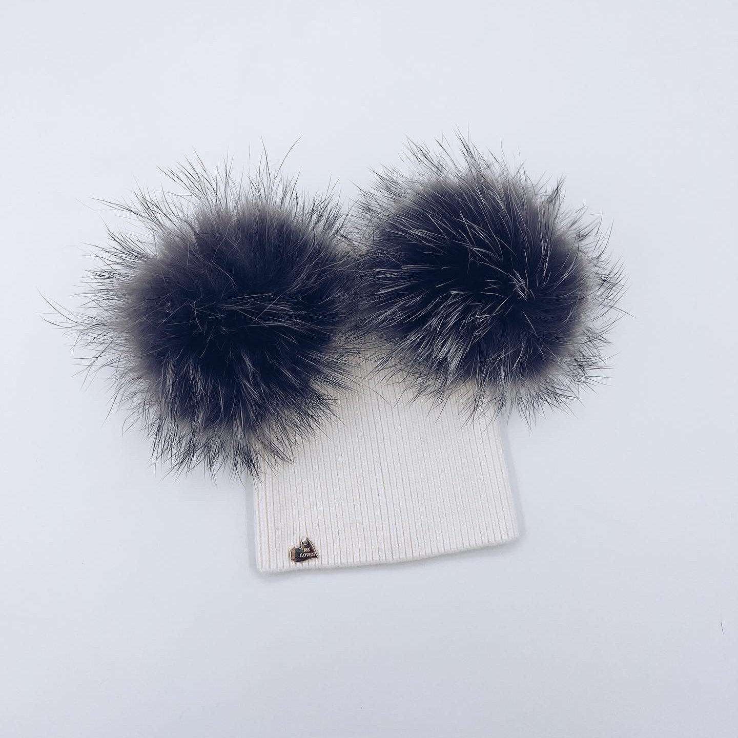 MI LOVES Signature Adults Angora Double pompom hat will silver pompoms