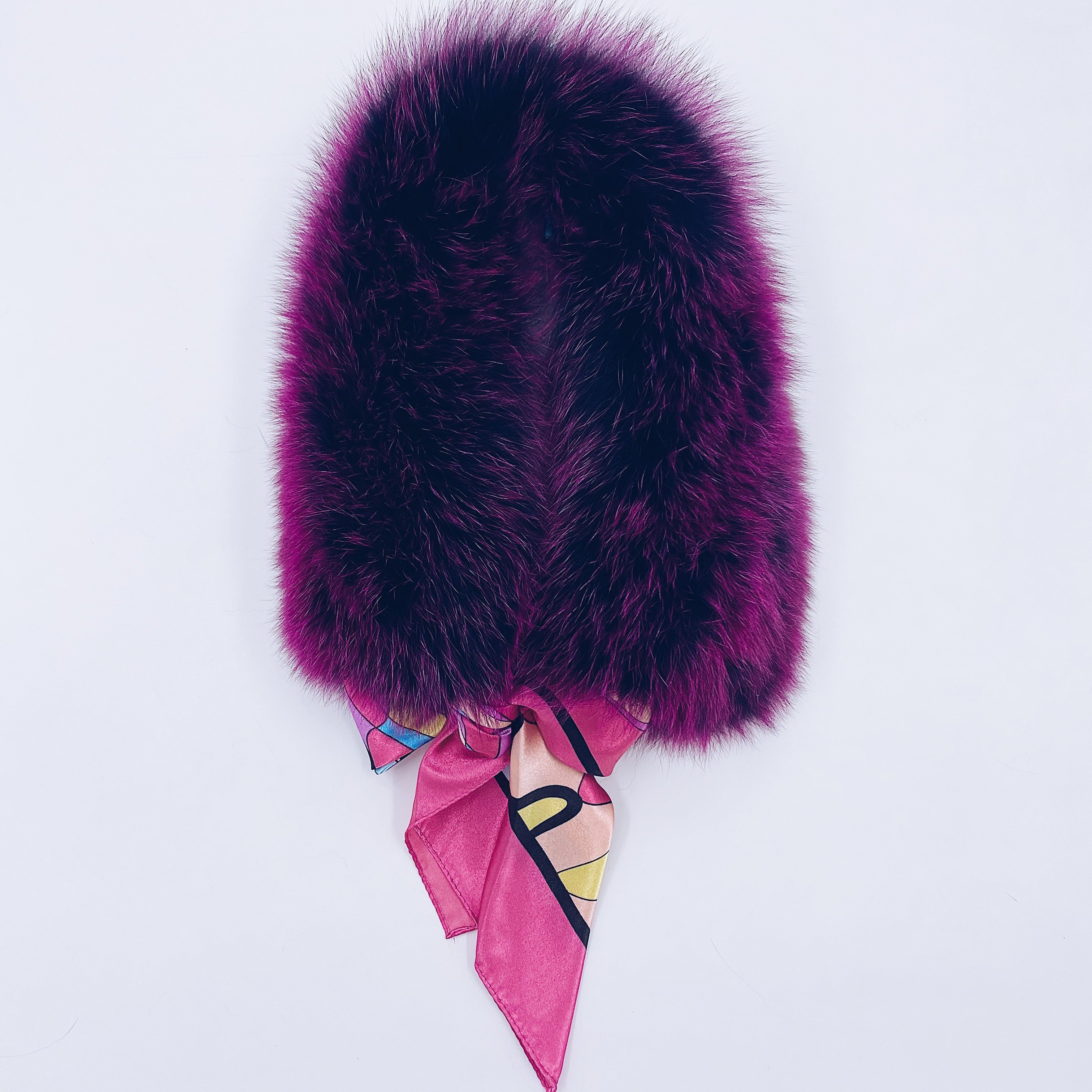 MI LOVES SIGNATURE Luxurious Fox fur collar with silk scarf.
