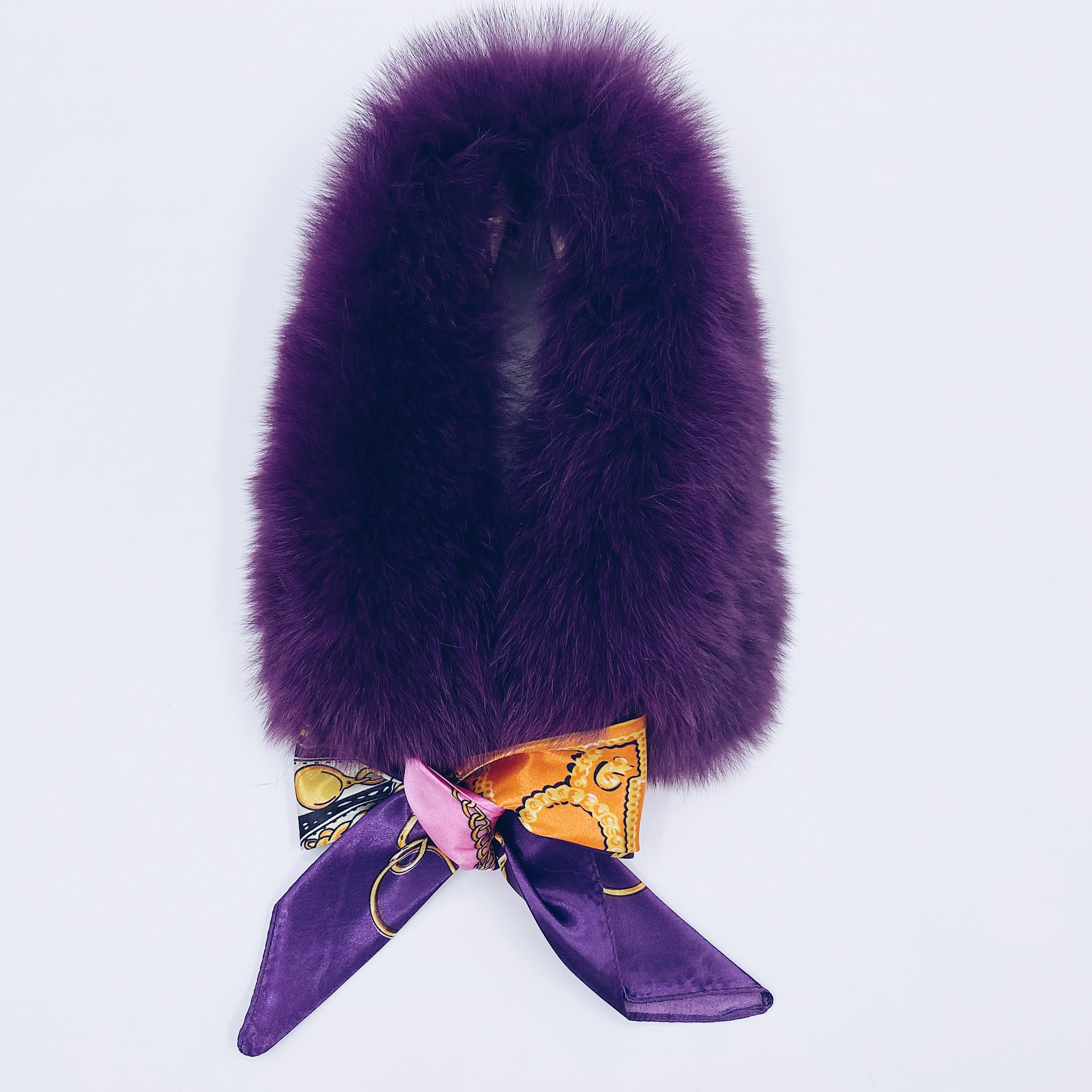 MI LOVES SIGNATURE Luxurious Fox fur collar with silk scarf.