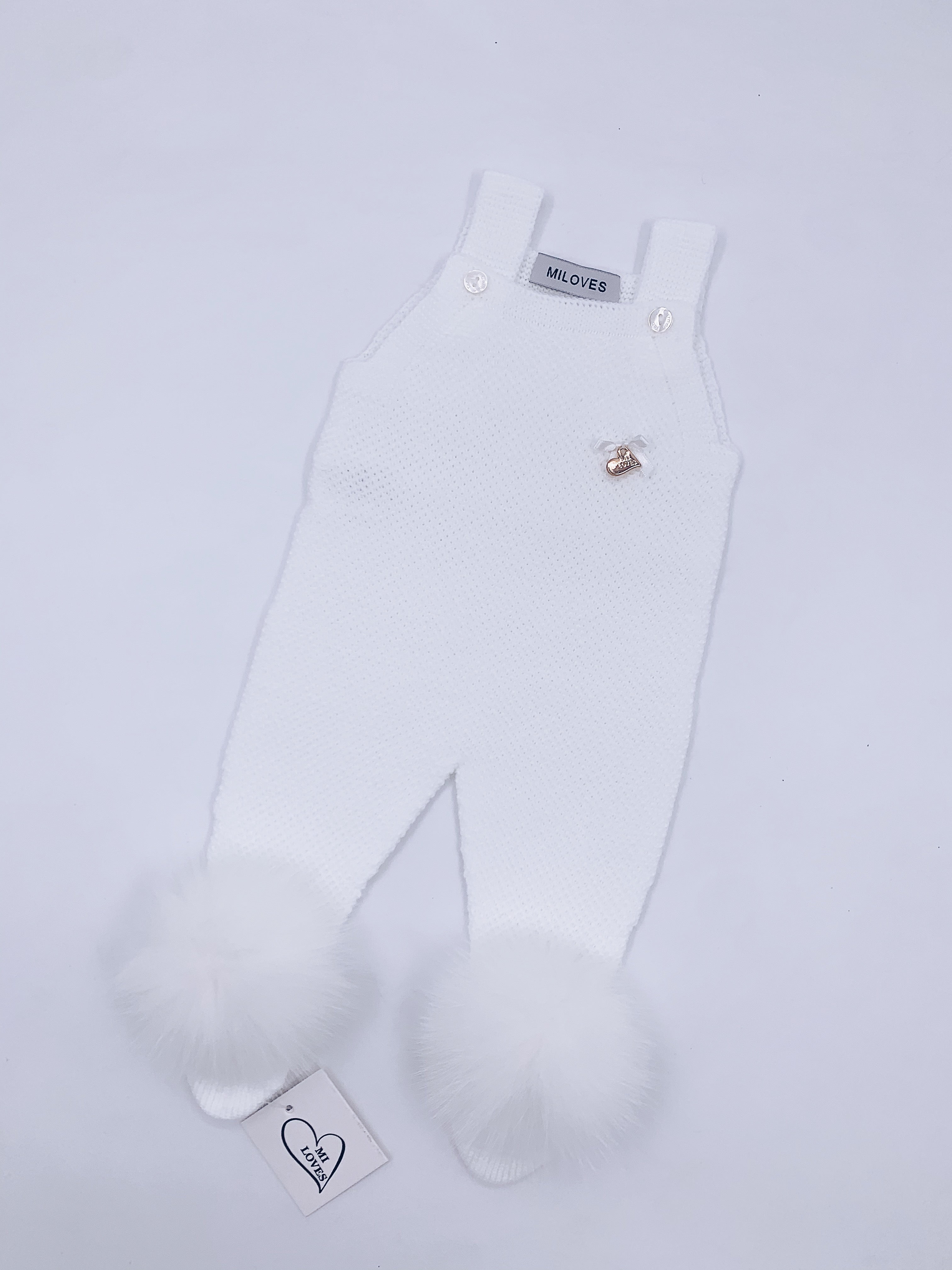 MI LOVES SIGNATURE Luxurious knitted Dungarees with fox fur pompoms(ALL COLOURS)