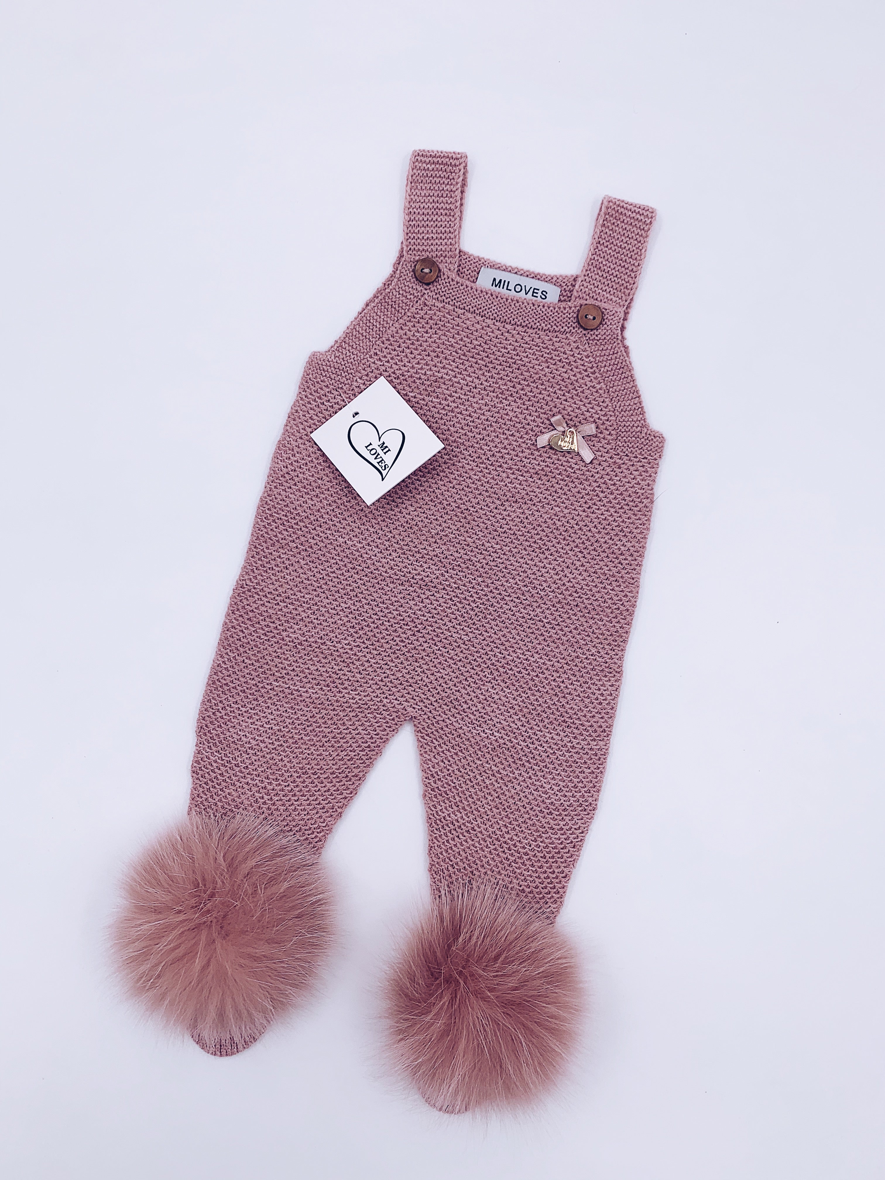 MI LOVES SIGNATURE Luxurious knitted Dungarees with fox fur pompoms(ALL COLOURS)