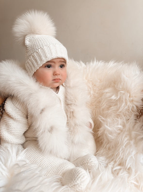 MI LOVES SIGNATURE White/Ivory Knitted Pramsuit with Luxurious Fox fur