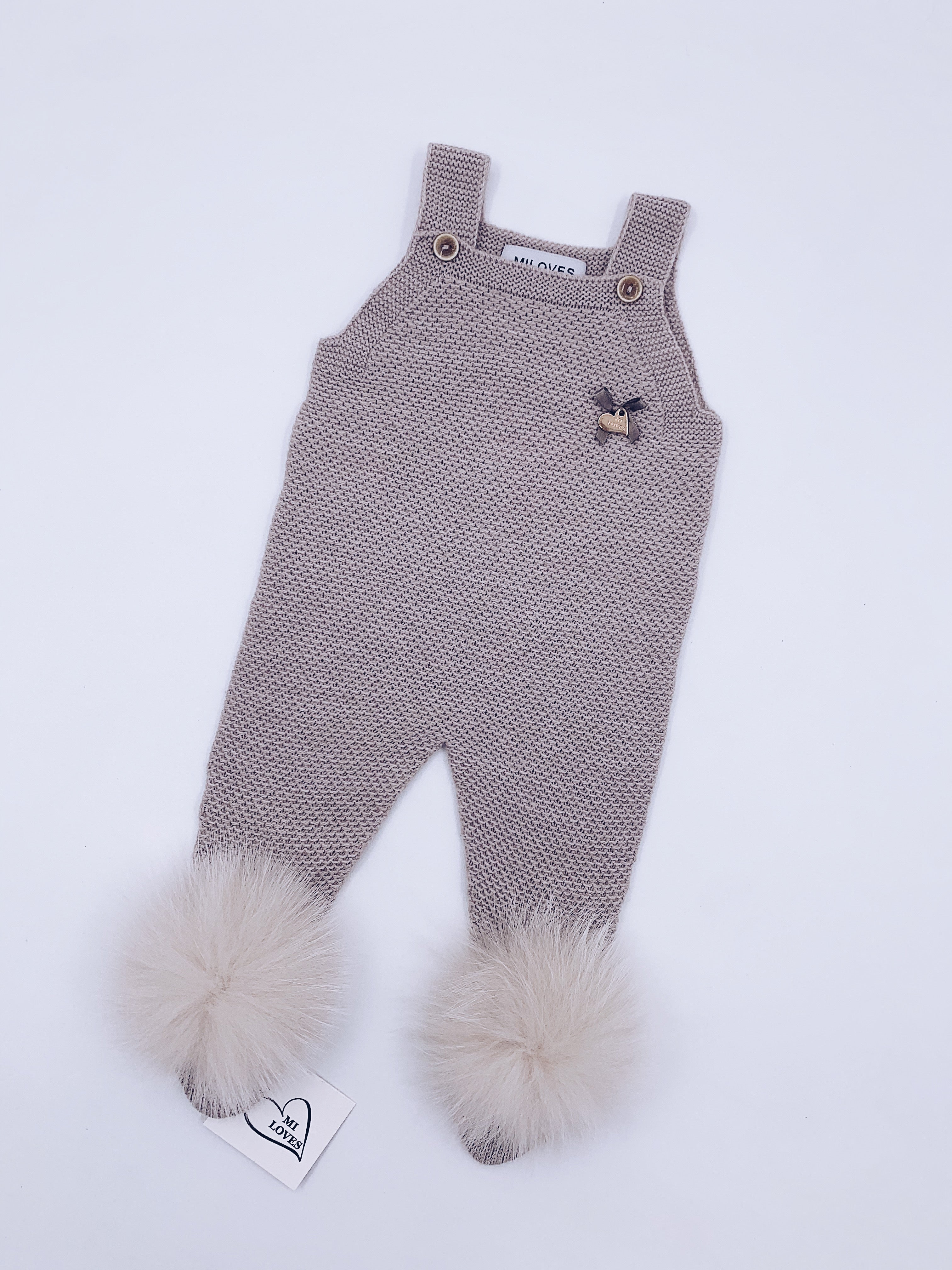 MI LOVES SIGNATURE Luxurious knitted Dungarees with fox fur pompoms(ALL COLOURS)