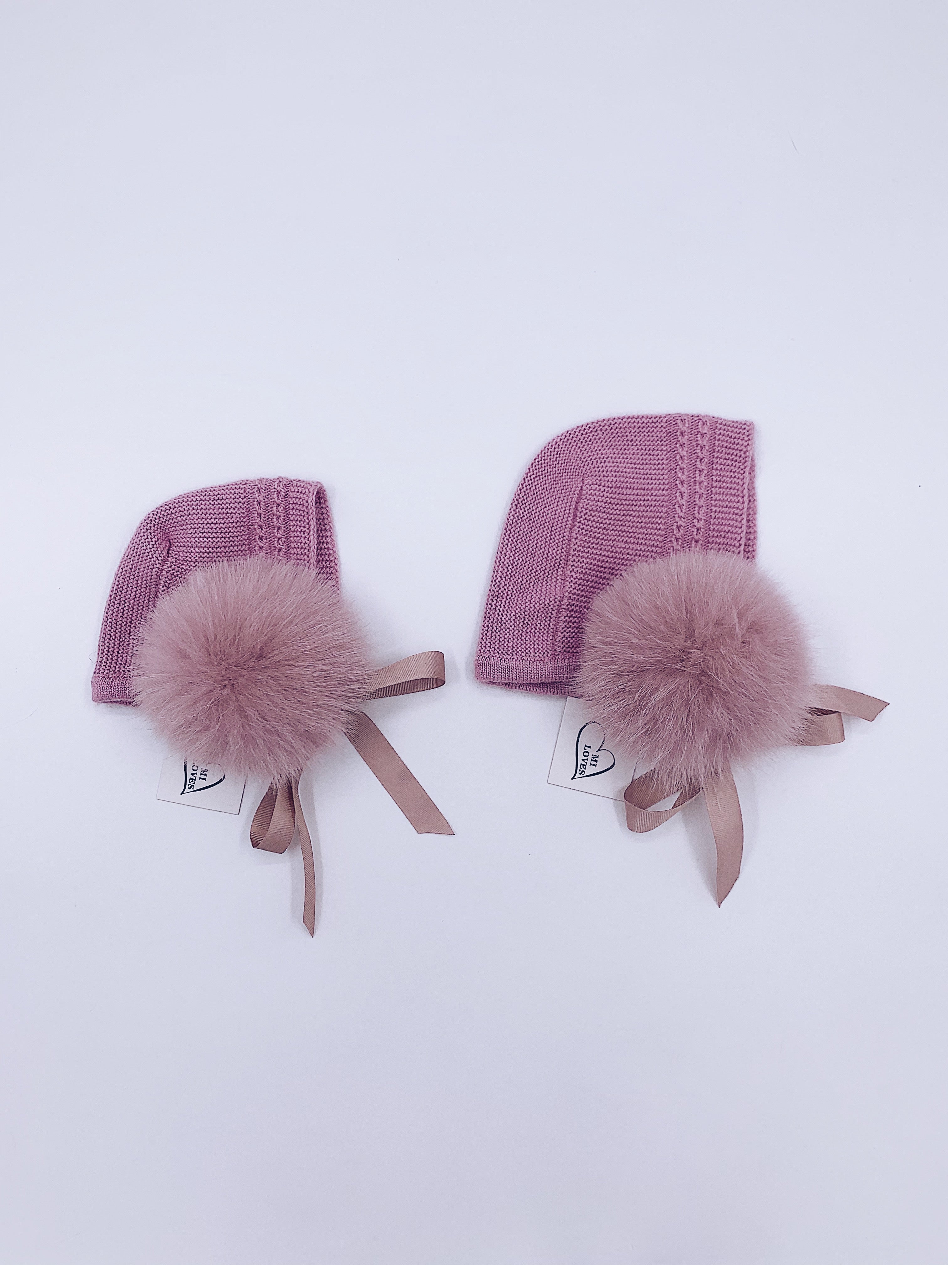 MI LOVES SIGNATURE LUXURIOUS ANGORA BONNETS WITH FOX FUR POMPOM