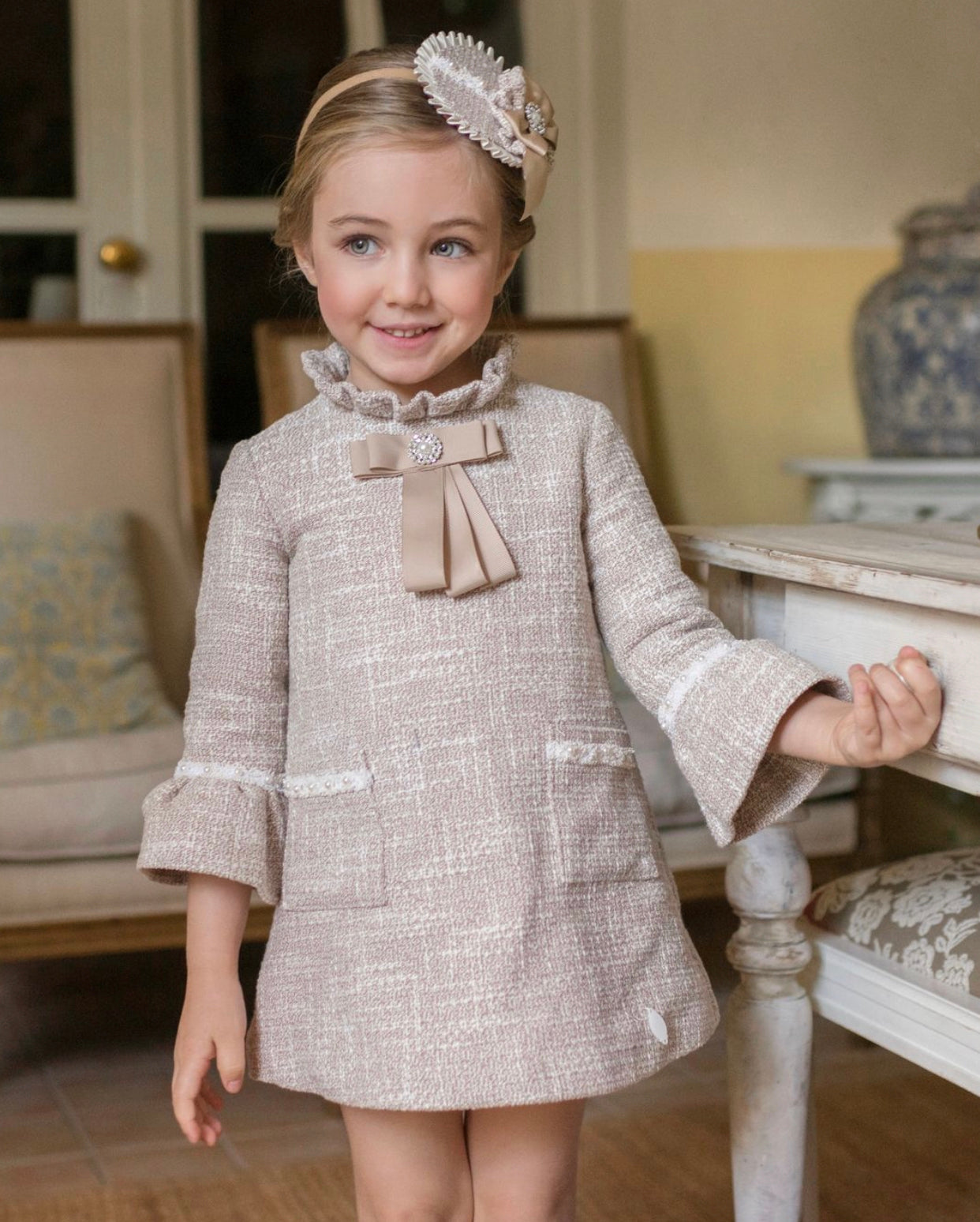 MI LOVES Beige Tweed A Line Dress with Pearl details.