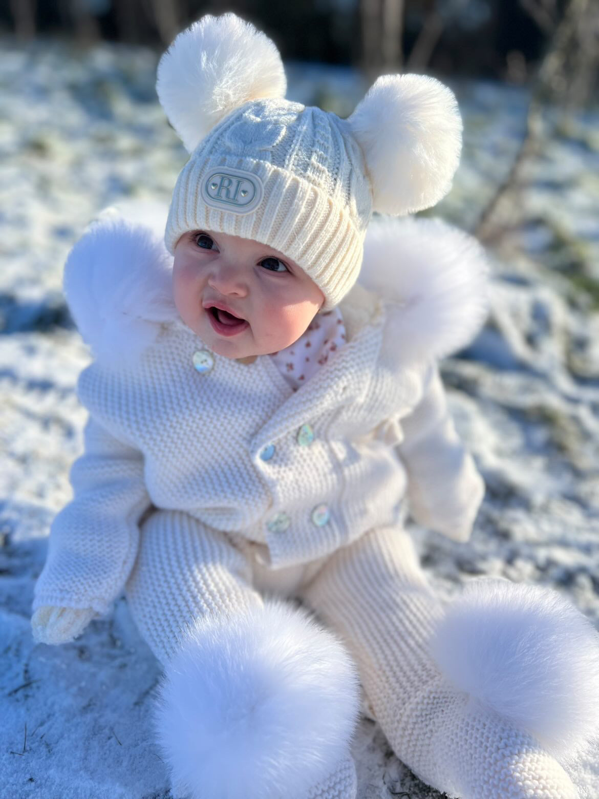 WHITE/IVORY MI LOVES SIGNATURE Fox fur trim/pompoms Baby ANGEL pramsui