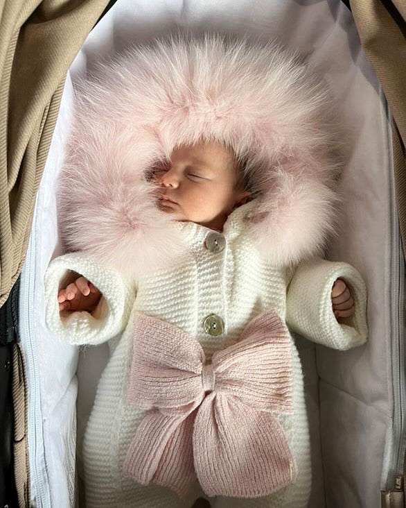 Ivory MI LOVES SIGNATURE Little Doll Pramsuit with Pink Fox fur trim a