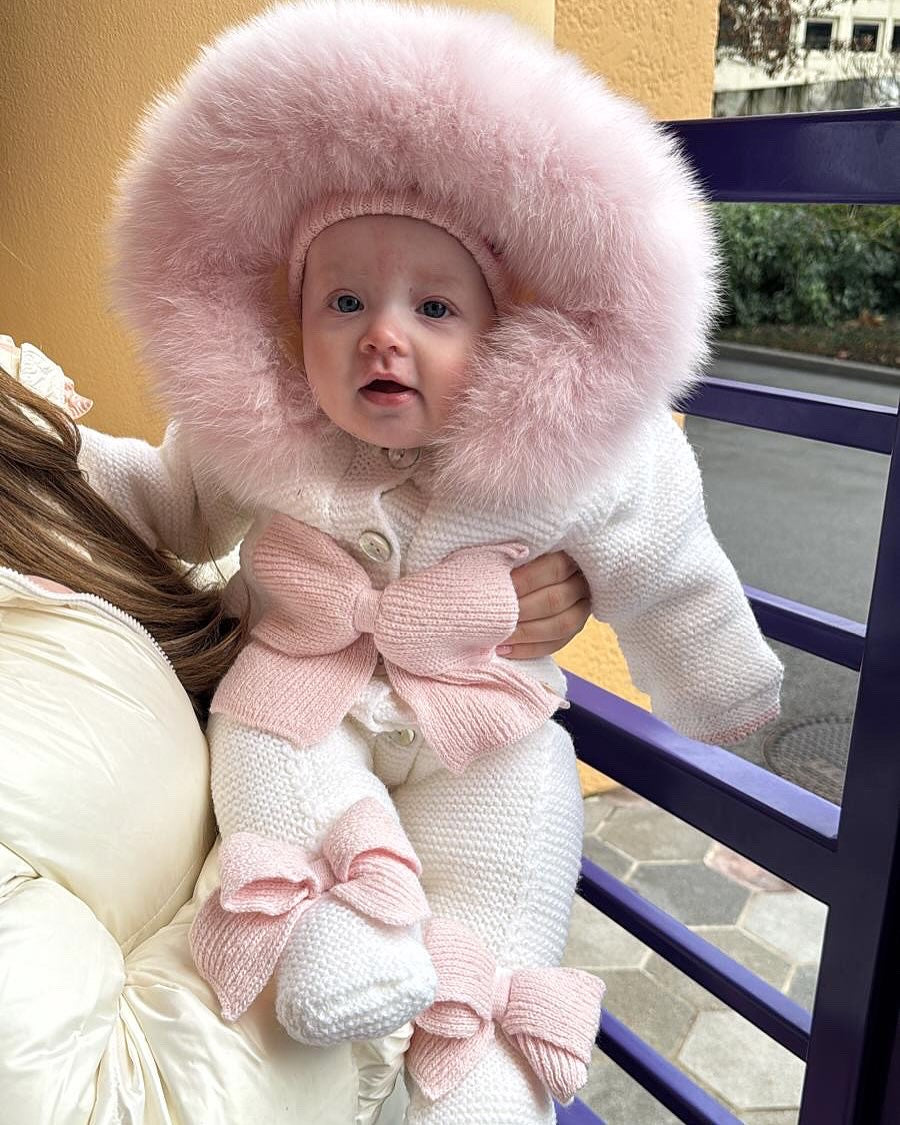 Ivory MI LOVES SIGNATURE Little Doll Pramsuit with Pink Fox fur trim a