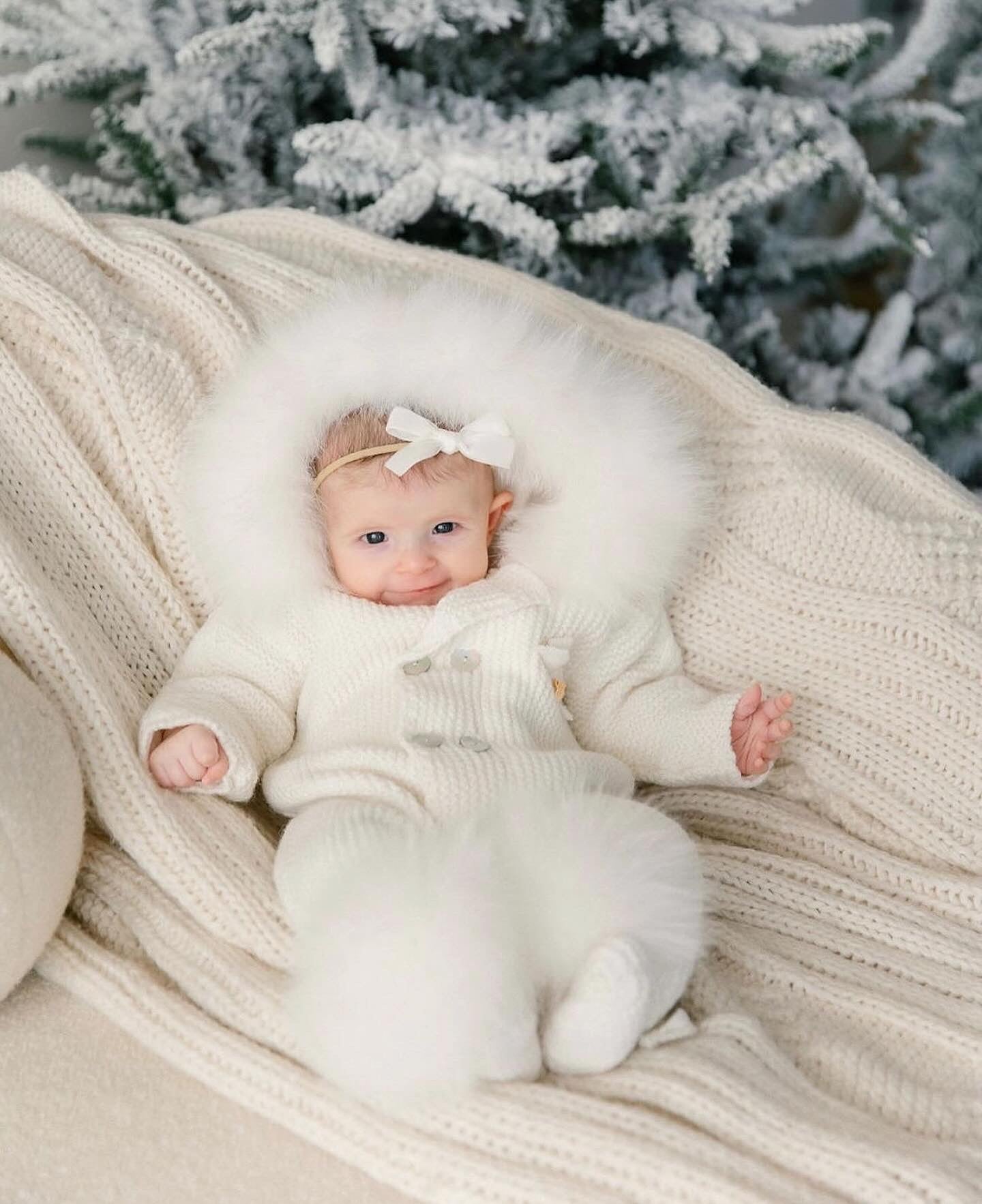WHITE/IVORY MI LOVES SIGNATURE Fox fur trim/pompoms Baby ANGEL pramsui
