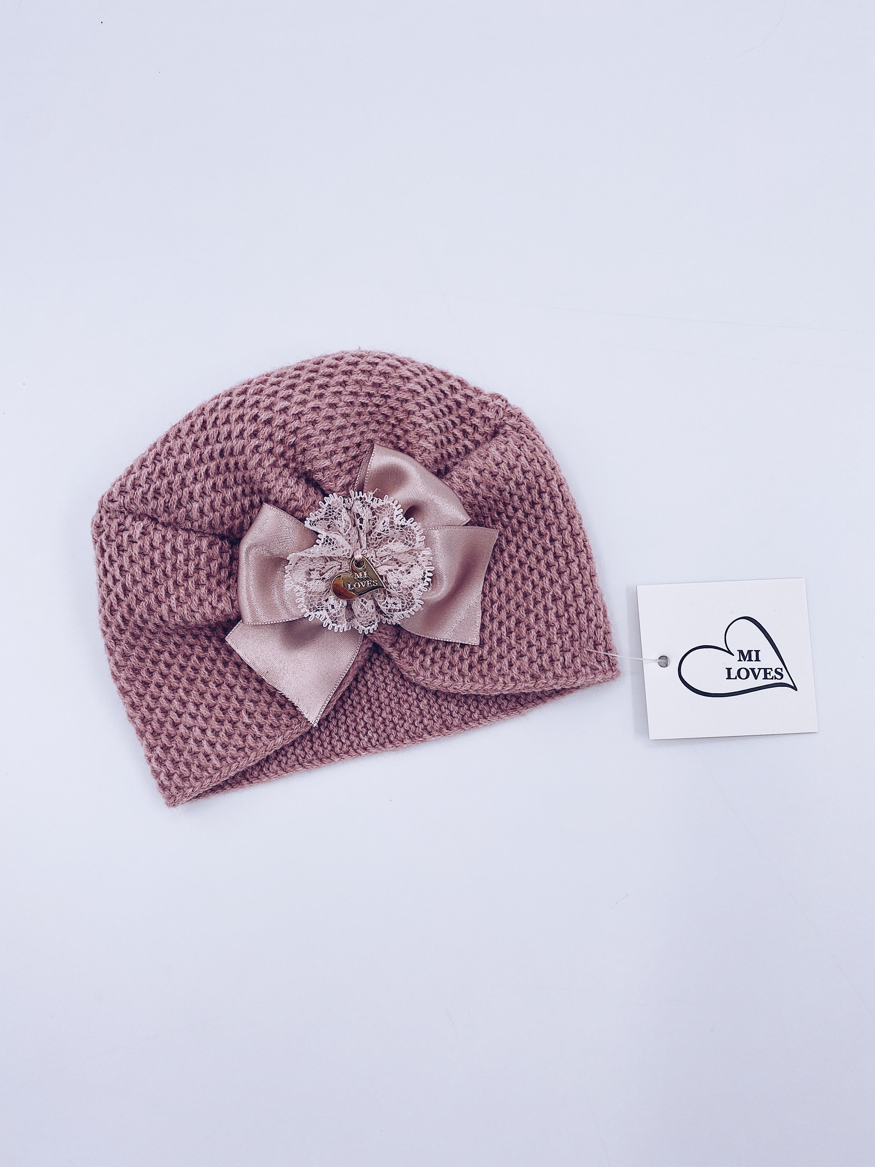 MI LOVEE SIGNATURE Luxurious knitted Turban hat with lace detail.