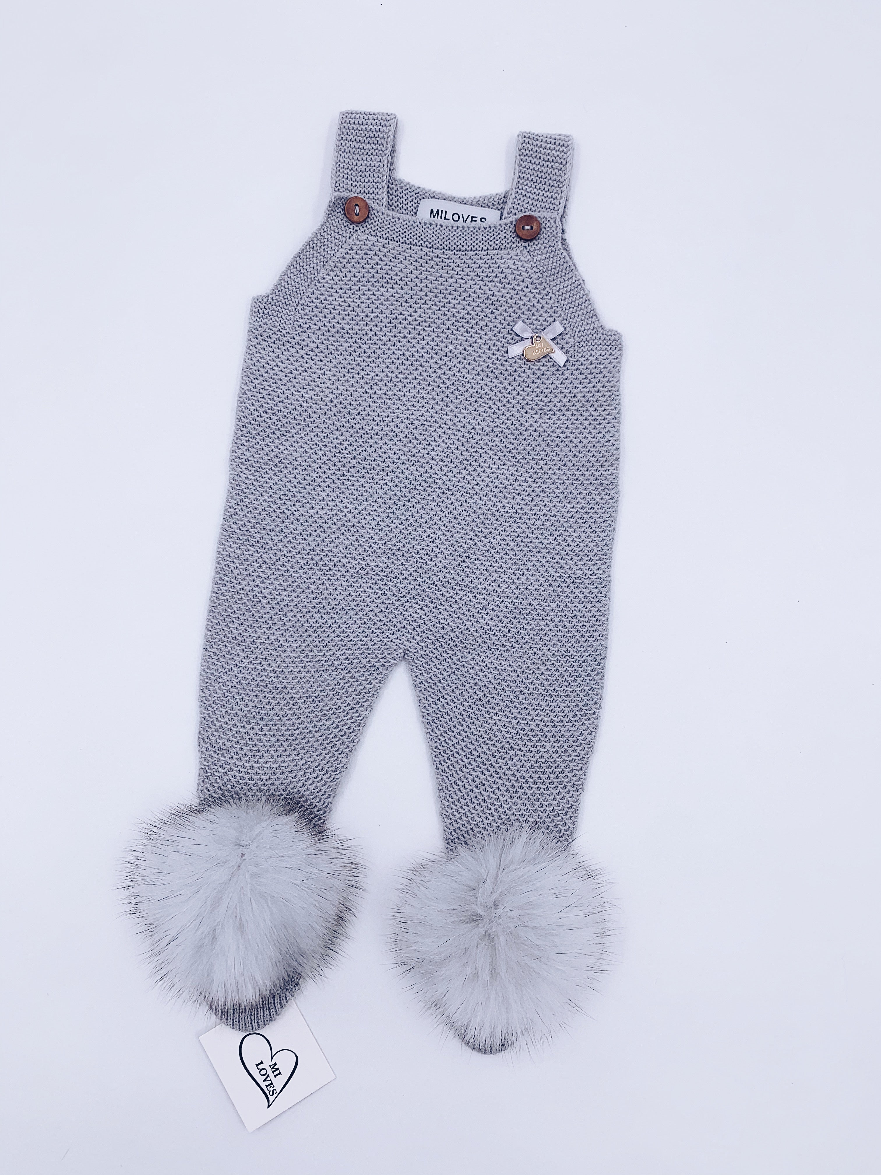 MI LOVES SIGNATURE Luxurious knitted Dungarees with fox fur pompoms(ALL COLOURS)