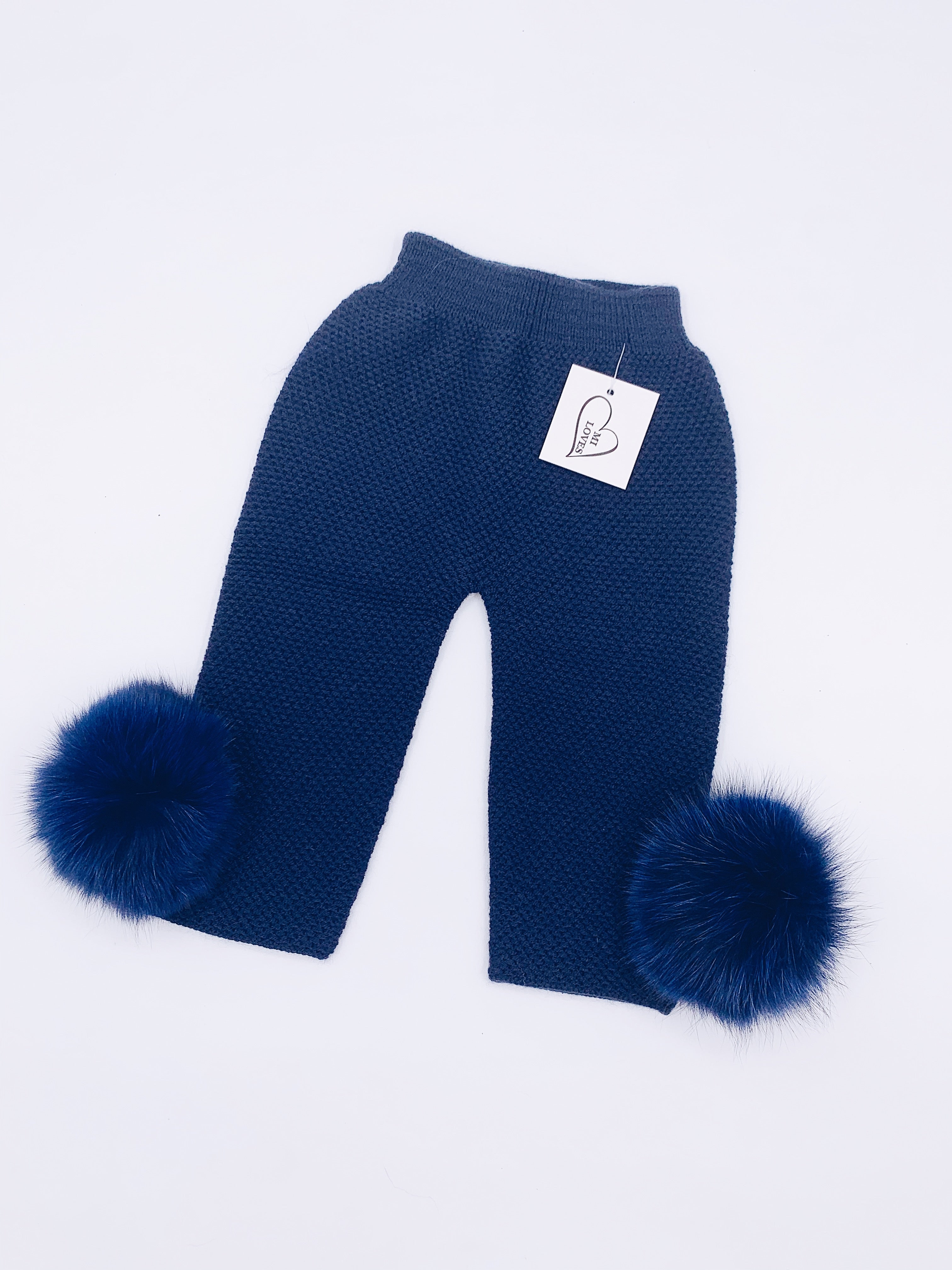 MI LOVES SIGNATURE Luxurious knitted Trousers with fox fur pompoms(ALL COLOURS )