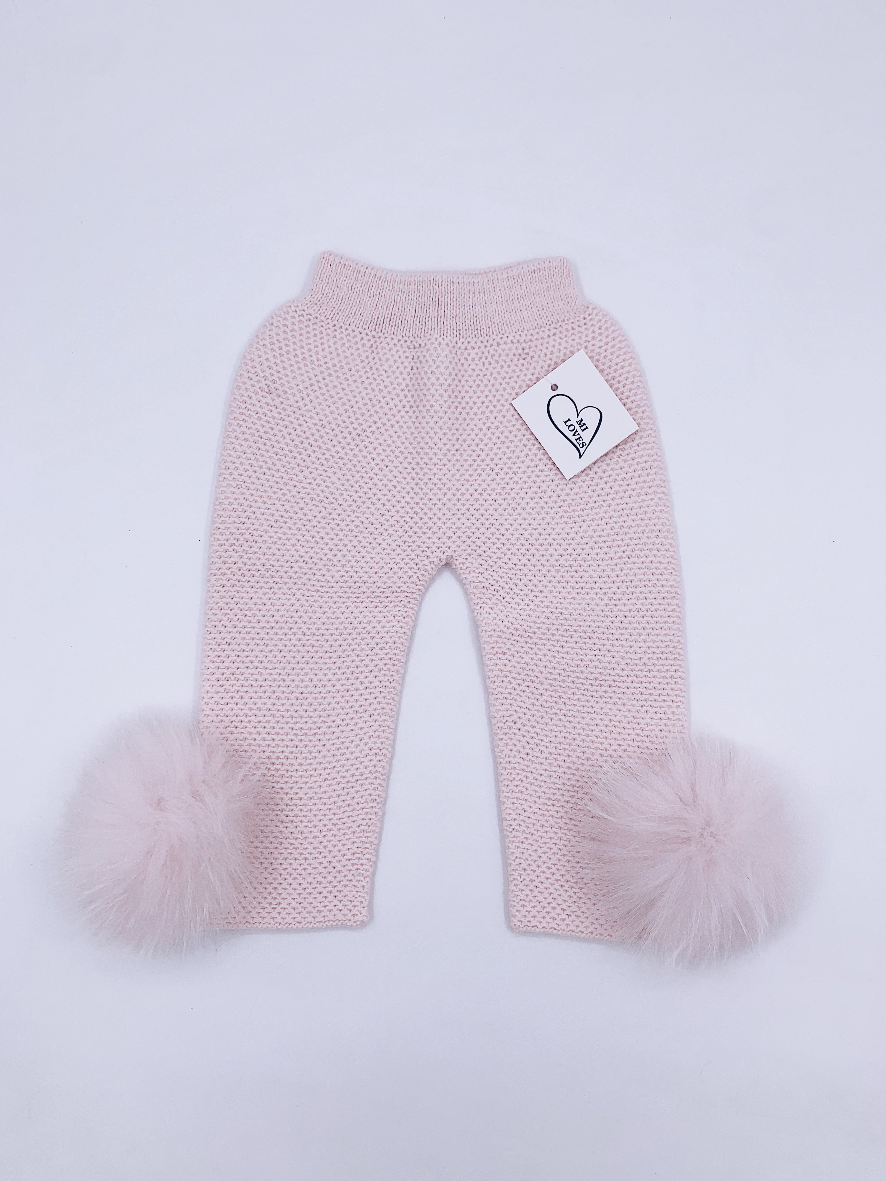 MI LOVES SIGNATURE Luxurious knitted Trousers with fox fur pompoms(ALL COLOURS )