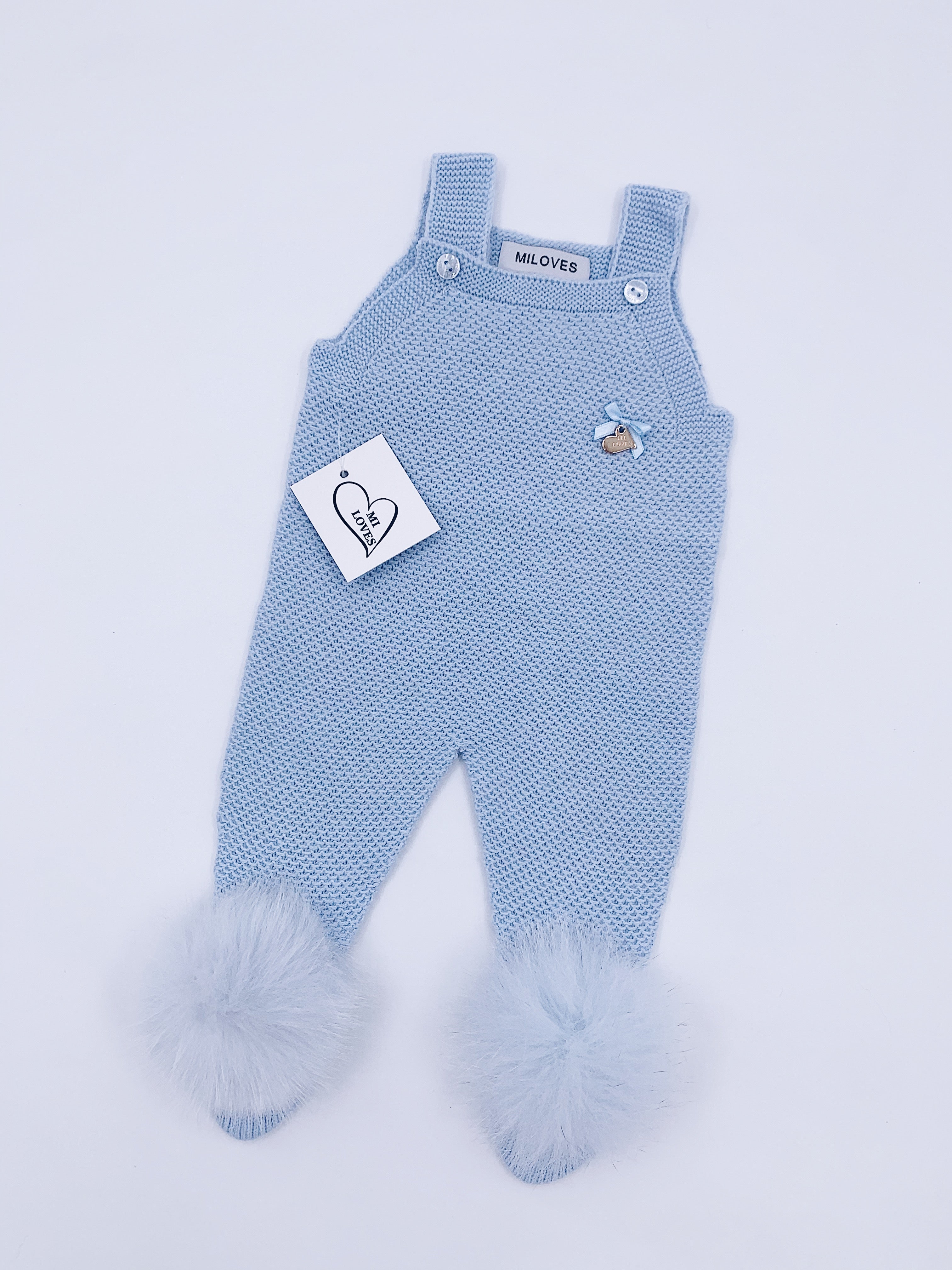 MI LOVES SIGNATURE Luxurious knitted Dungarees with fox fur pompoms(ALL COLOURS)