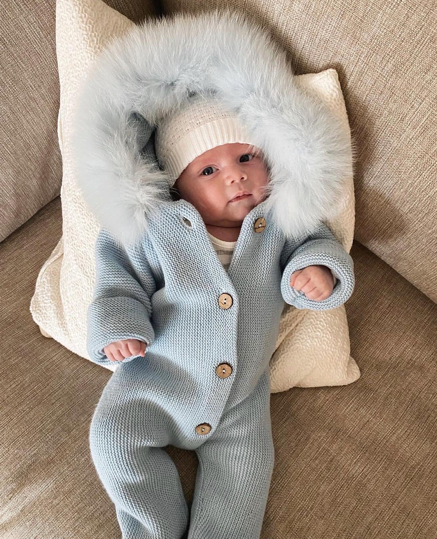 MI LOVES Beautiful Cloud Blue Knitted Pramsuit with Luxurious Fur Trim
