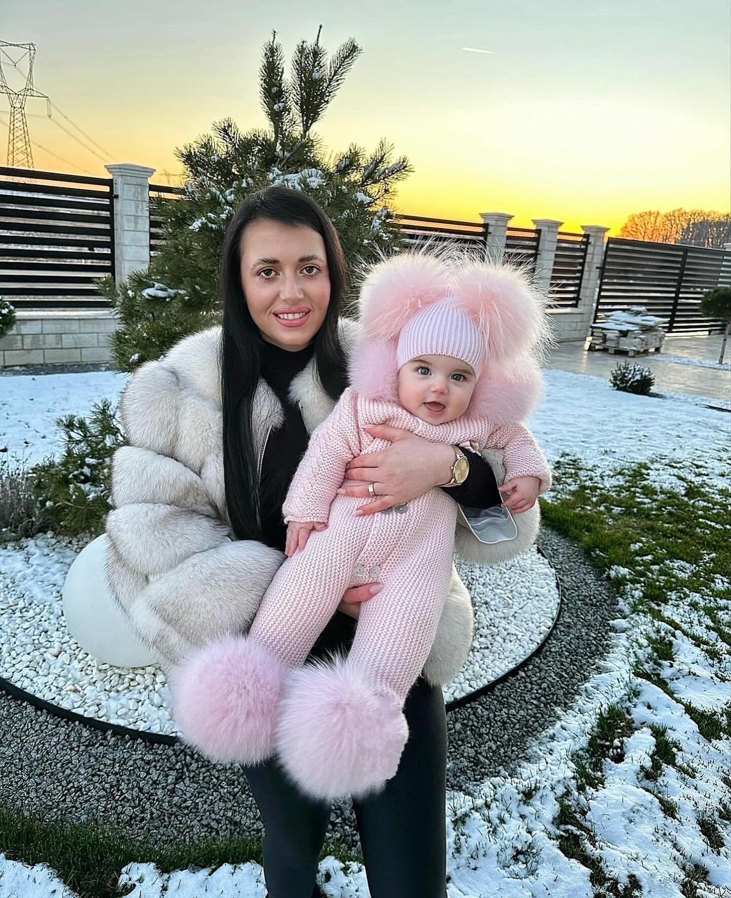 PINK MI LOVES SIGNATURE Fox fur trim/pompoms Baby ANGEL pramsuit.