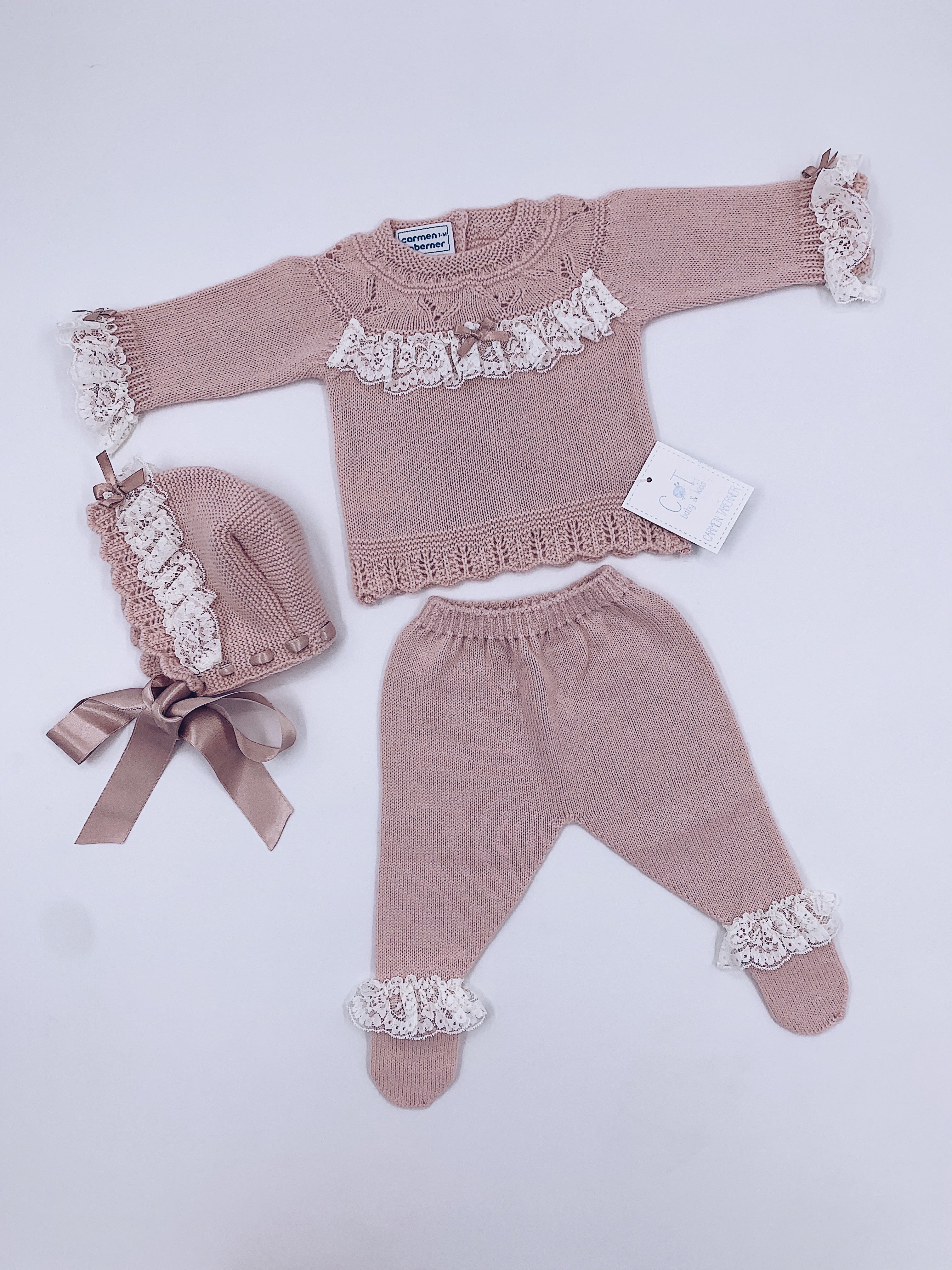 Carmen Taberner Stunning  Lace/Bow Details Knitted Baby 3 piece set