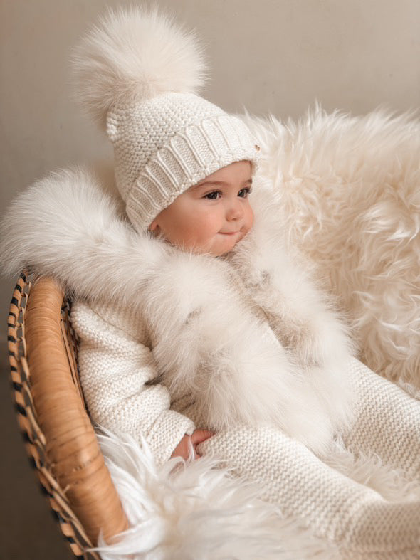 MI LOVES SIGNATURE White/Ivory Knitted Pramsuit with Luxurious Fox fur