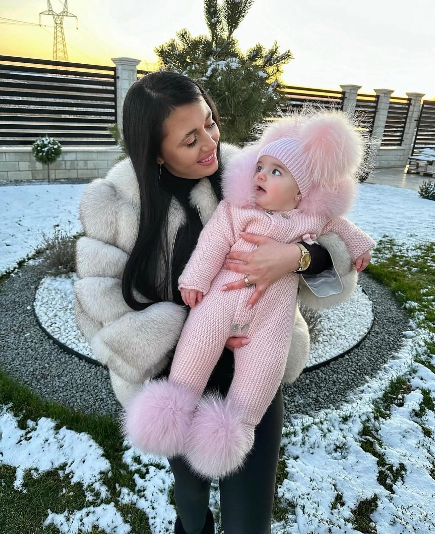 PINK MI LOVES SIGNATURE Fox fur trim/pompoms Baby ANGEL pramsuit.