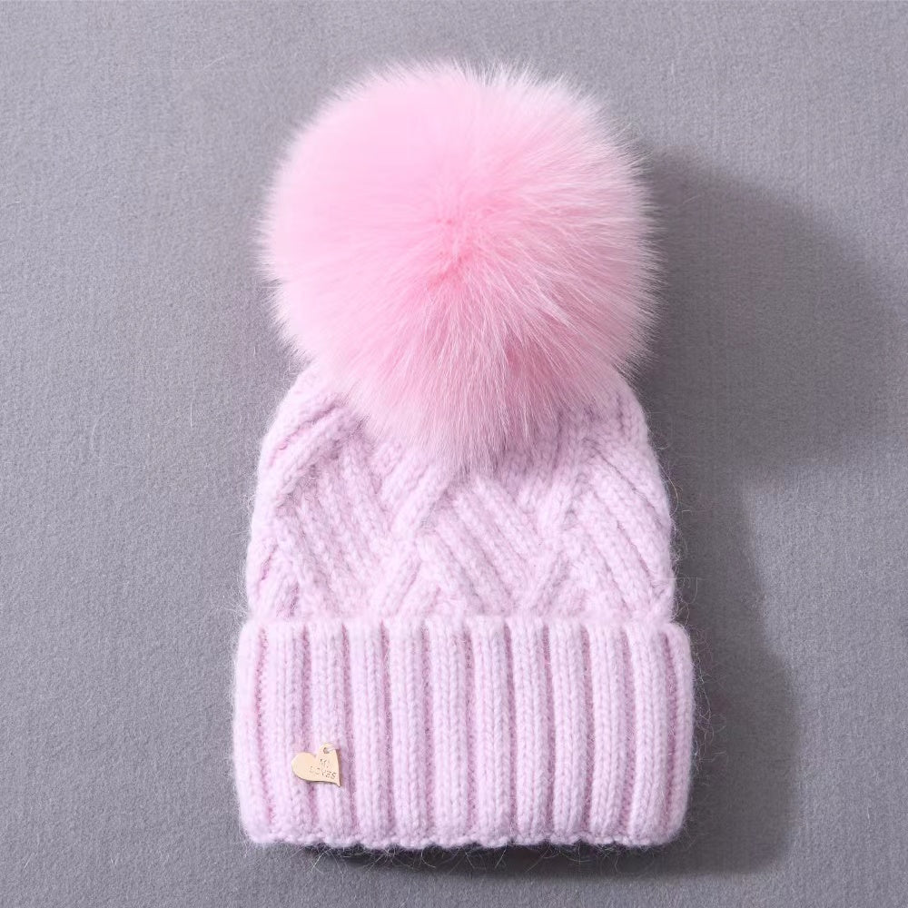 MI LOVES SIGNATURE Angora kids hat with Fox FUR pompom