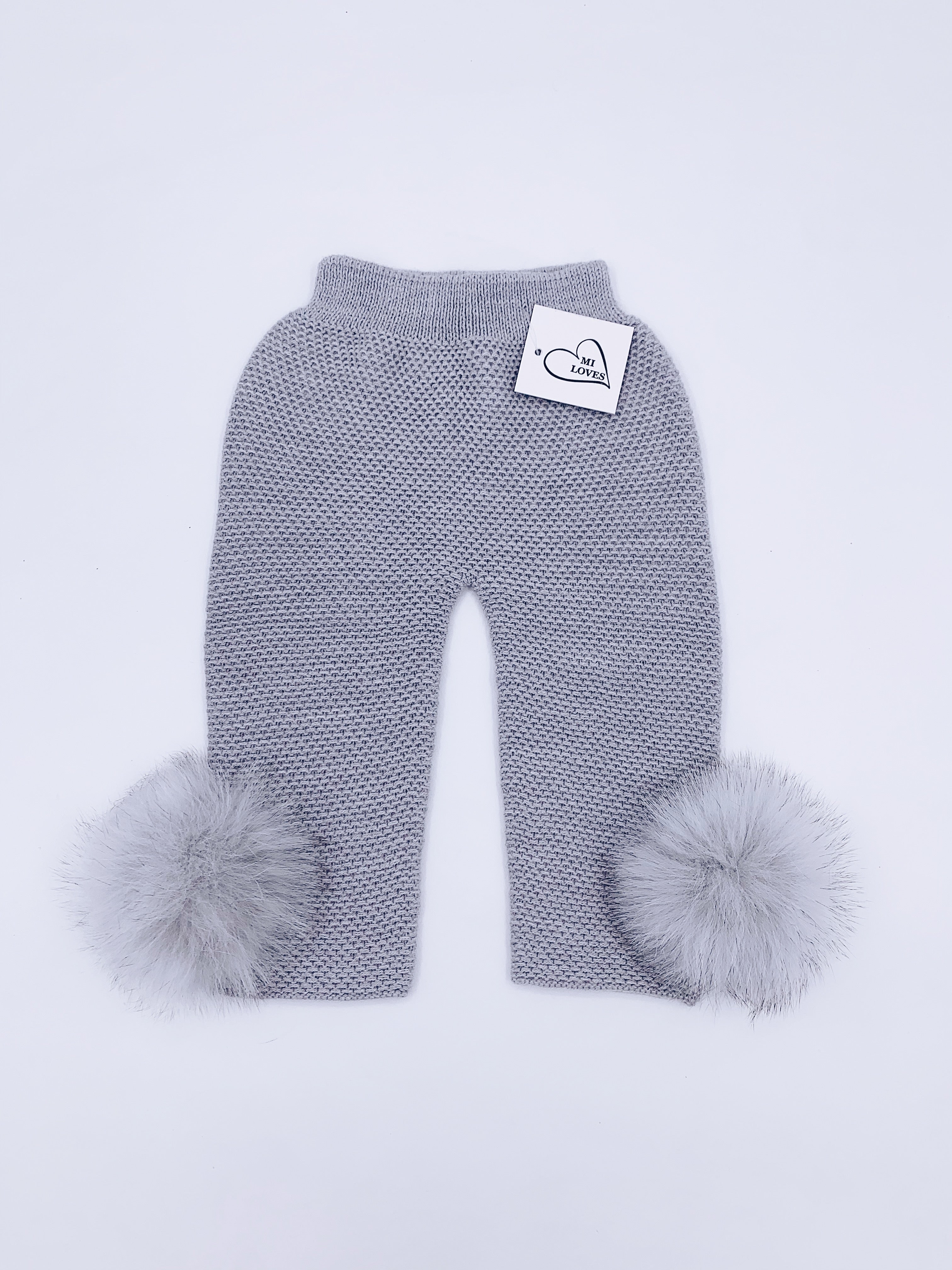 MI LOVES SIGNATURE Luxurious knitted Trousers with fox fur pompoms(ALL COLOURS )