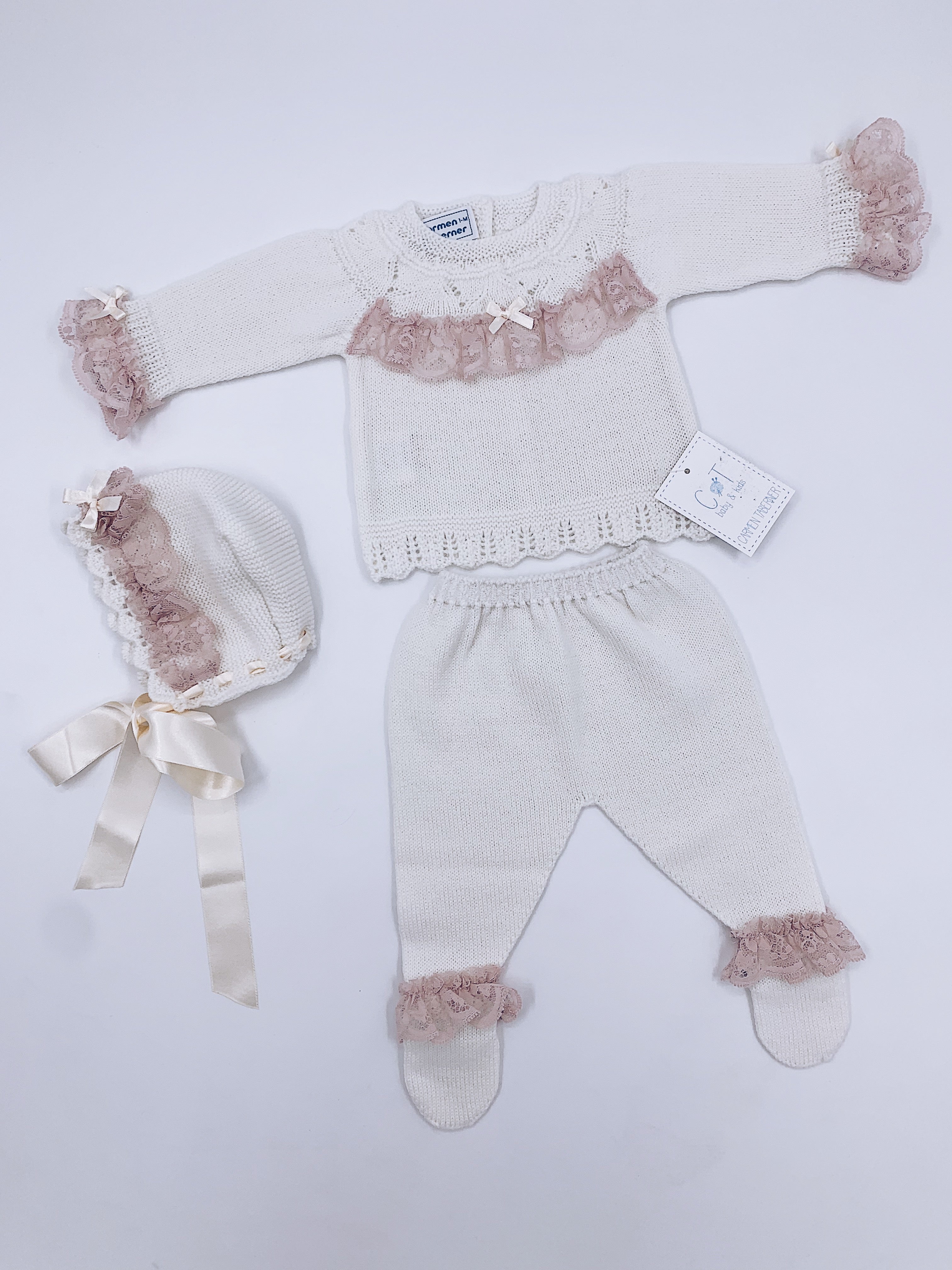 Carmen Taberner Stunning  Lace/Bow Details Knitted Baby 3 piece set