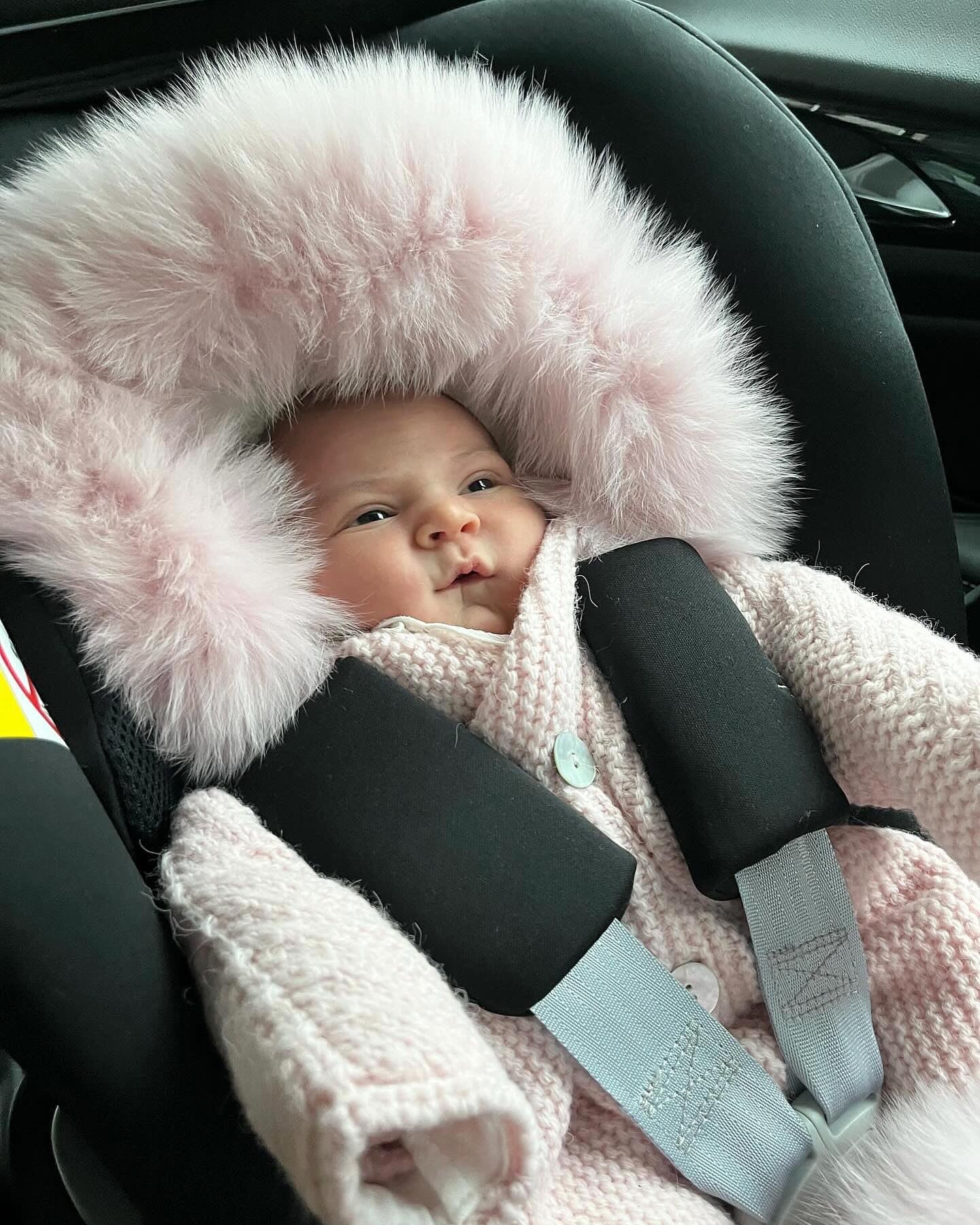 PINK MI LOVES SIGNATURE Fox fur trim/pompoms Baby ANGEL pramsuit.
