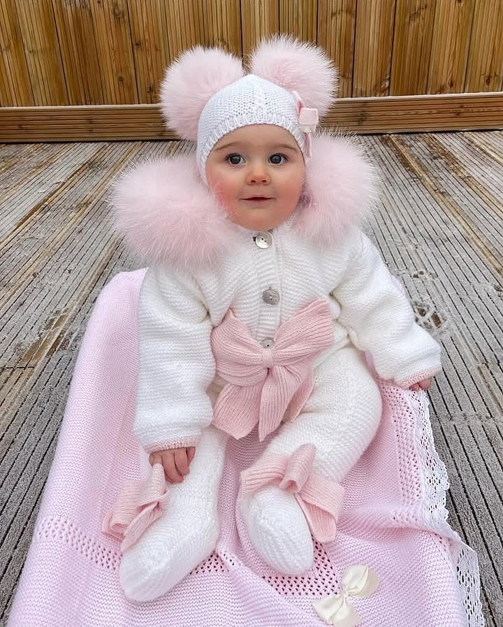 Ivory MI LOVES SIGNATURE Little Doll Pramsuit with Pink Fox fur trim a